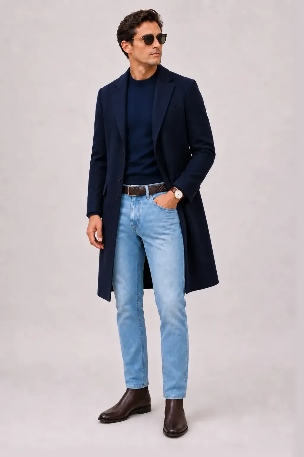 Langer Mantel Navy über Strickpolo Beige, dazu Jeans Hellblau und Chelsea Boot — Crewneck-Pullover Feinstrick Navy