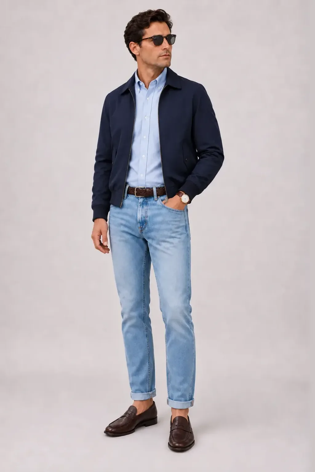 Harrington Blouson Navy über Button-Down-Hemd, dazu Jeans Hellblau und Penny Loafer