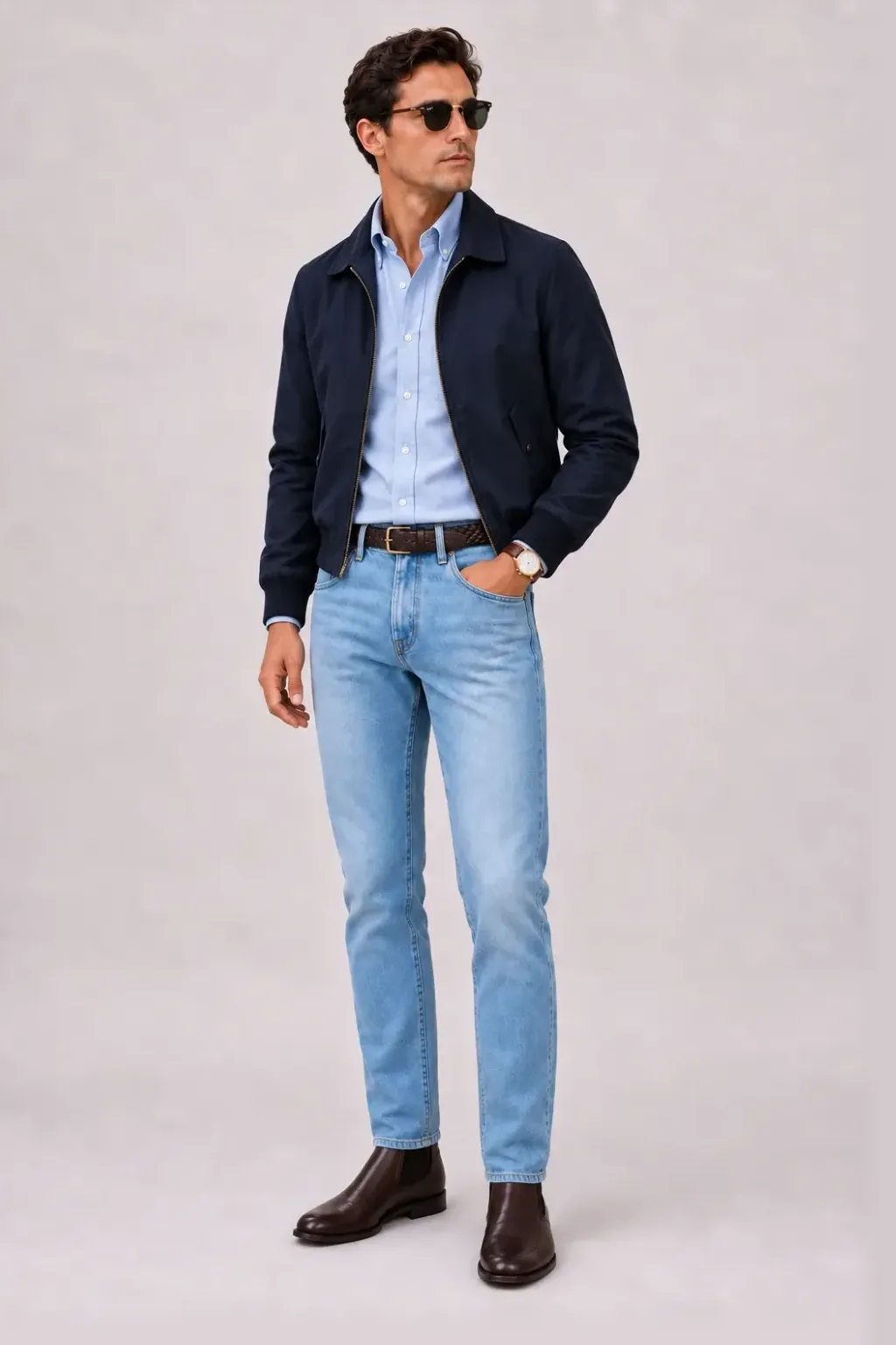 Harrington Blouson Navy über Button-Down-Hemd, dazu Jeans Hellblau und Penny Loafer