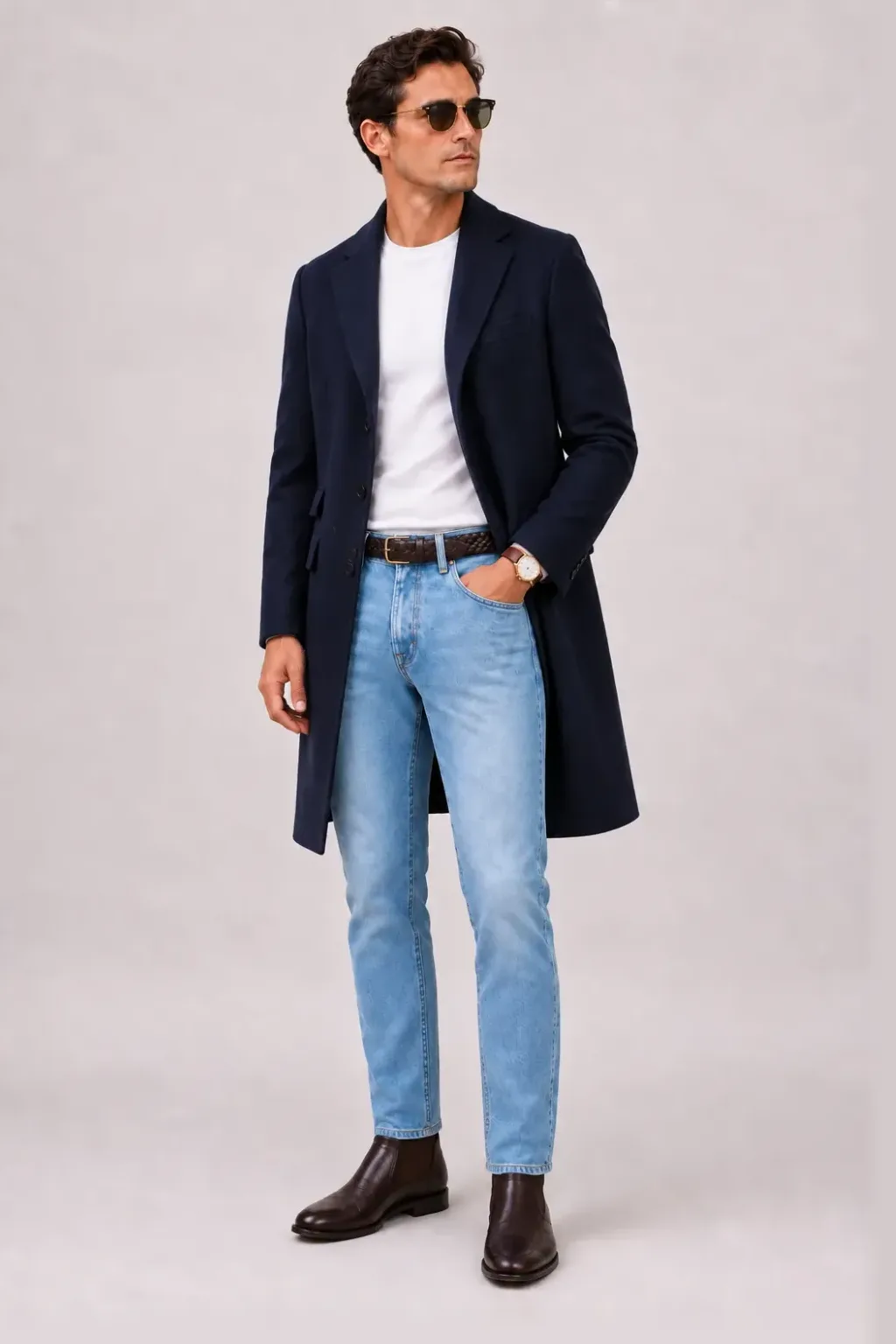 Langer Mantel Navy über Strickpolo Beige, dazu Jeans Hellblau und Chelsea Boot — T-Shirt Weiss