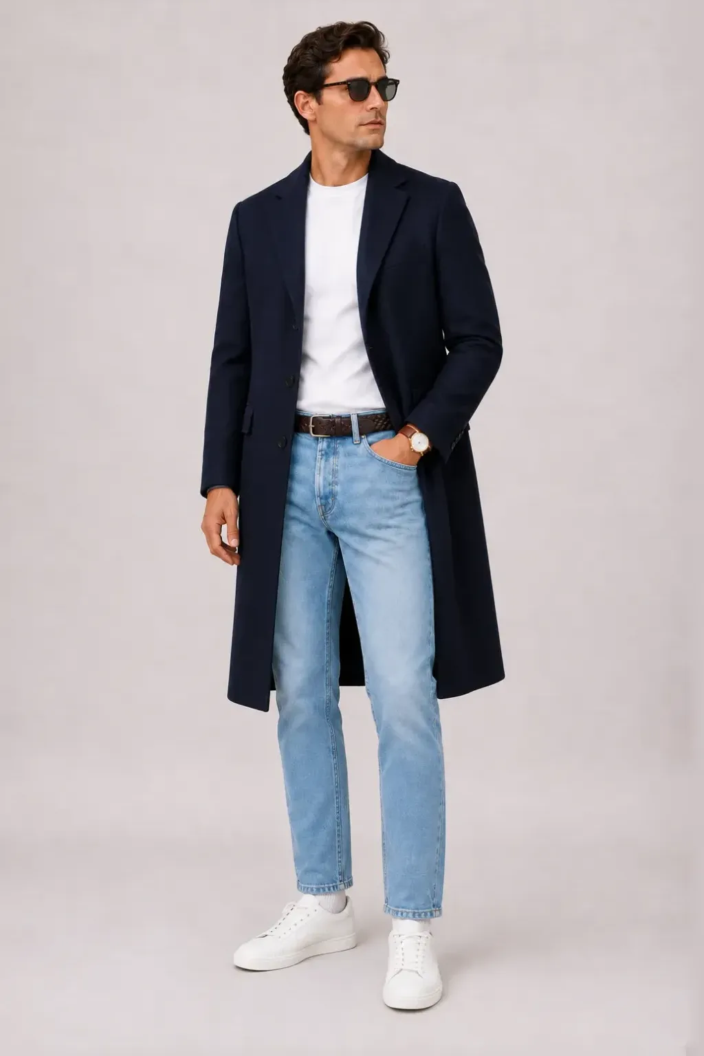 Langer Mantel Navy über T-Shirt Weiss, dazu Jeans Hellblau und Chelsea Boot