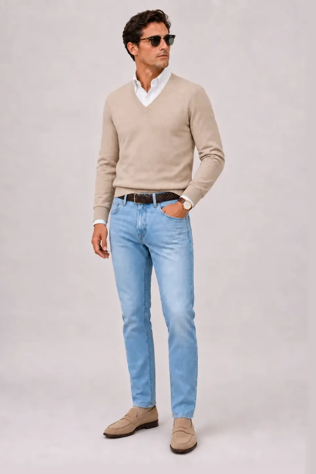 V-Neck-Pullover Feinstrick Beige über Button-Down-Hemd, dazu Jeans Hellblau und Penny Loafer Wildleder