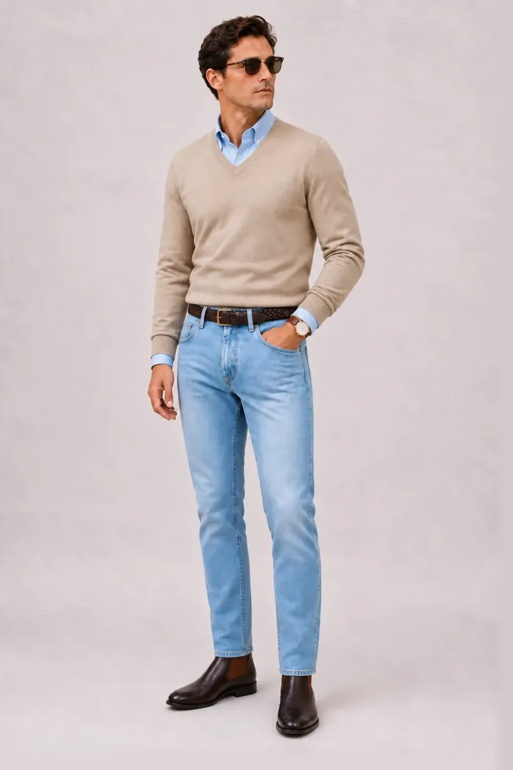 V-Neck-Pullover Feinstrick Beige über Button-Down-Hemd, dazu Jeans Hellblau und Penny Loafer Wildleder — Button-Down-Hemd Hellblau