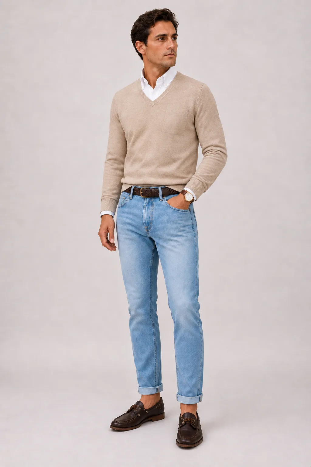 V-Neck-Pullover Feinstrick Beige über Button-Down-Hemd, dazu Jeans Hellblau und Penny Loafer Wildleder
