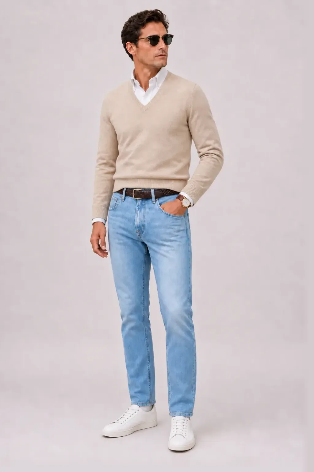 V-Neck-Pullover Feinstrick Beige über Button-Down-Hemd, dazu Jeans Hellblau und Penny Loafer Wildleder