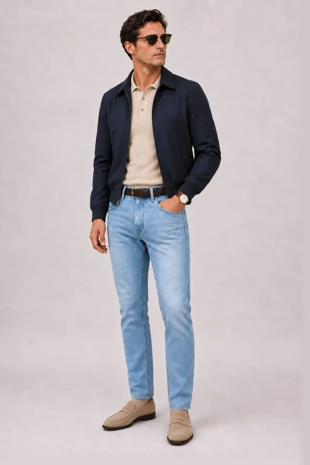 Harrington Blouson Navy über Strickpolo, dazu Jeans Hellblau und Penny Loafer Wildleder