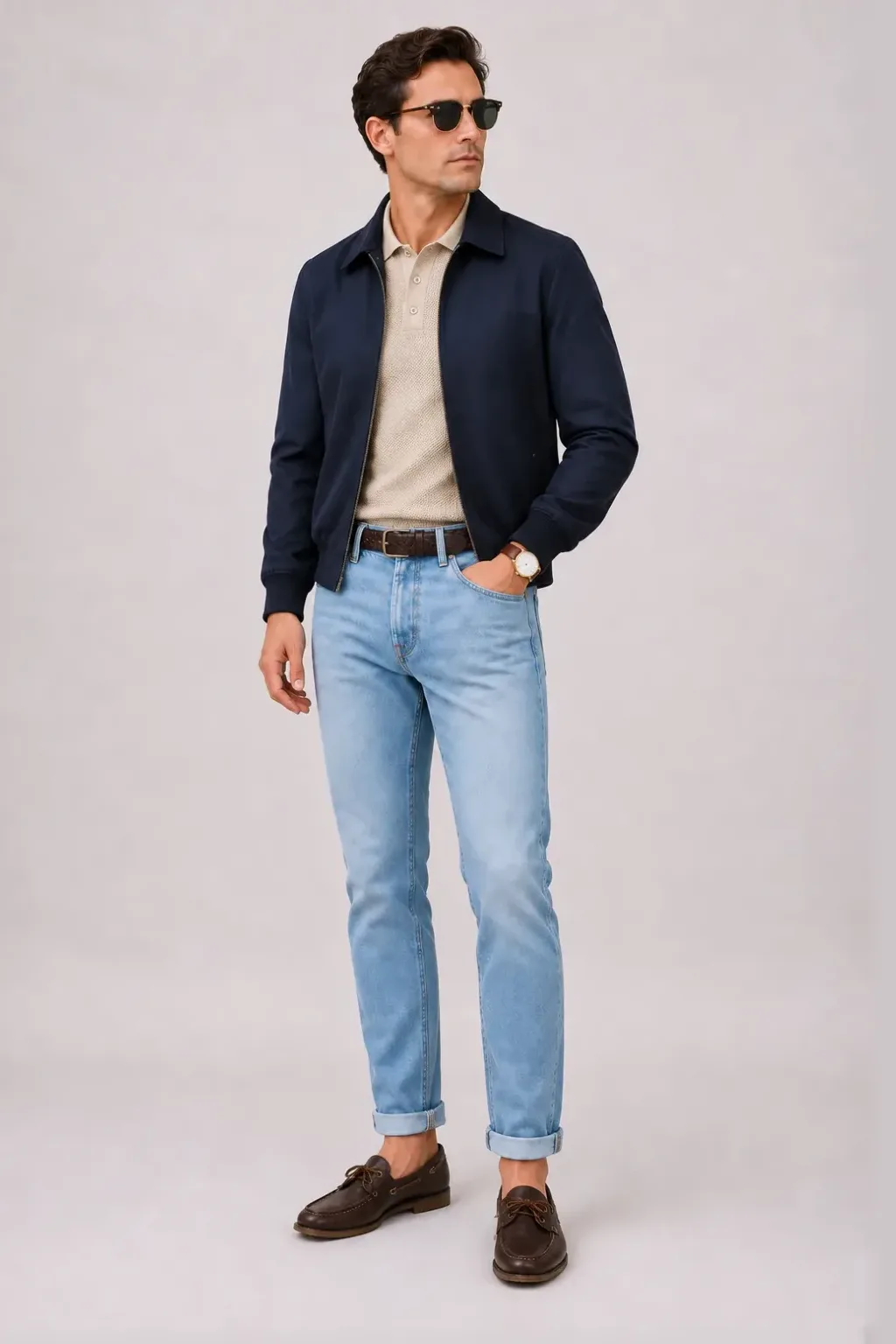 Harrington Blouson Navy über Strickpolo, dazu Jeans Hellblau und Penny Loafer Wildleder