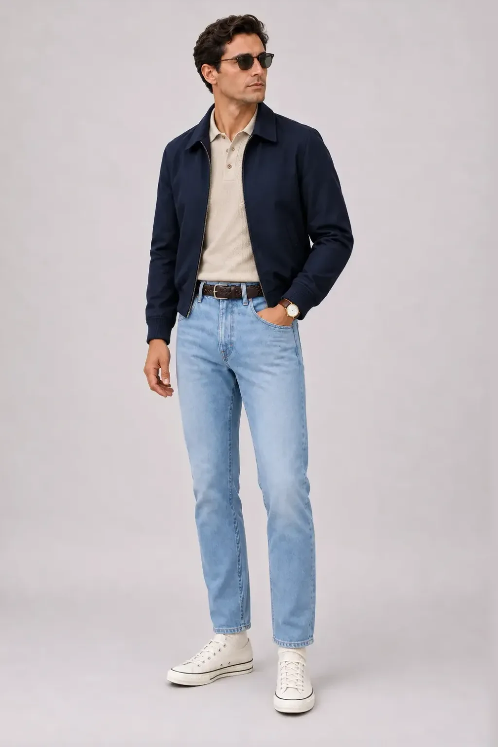 Harrington Blouson Navy über Strickpolo, dazu Jeans Hellblau und Penny Loafer Wildleder — Canvas Sneaker Off-White