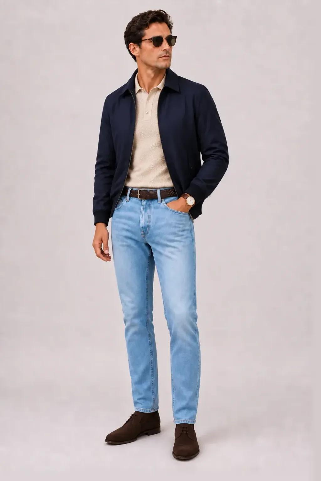 Harrington Blouson Navy über Strickpolo, dazu Jeans Hellblau und Penny Loafer Wildleder — Chukka Boot Dunkelbraun