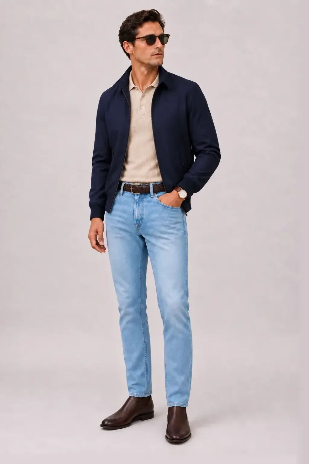 Harrington Blouson Navy über Strickpolo, dazu Jeans Hellblau und Penny Loafer Wildleder — Chelsea Boot Dunkelbraun