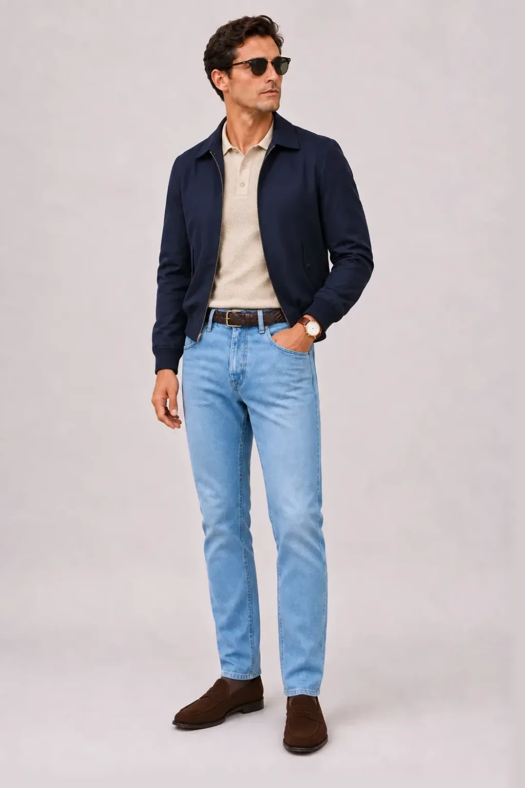 Harrington Blouson Navy über Strickpolo, dazu Jeans Hellblau und Penny Loafer Wildleder — Penny Loafer Wildleder Dunkelbraun