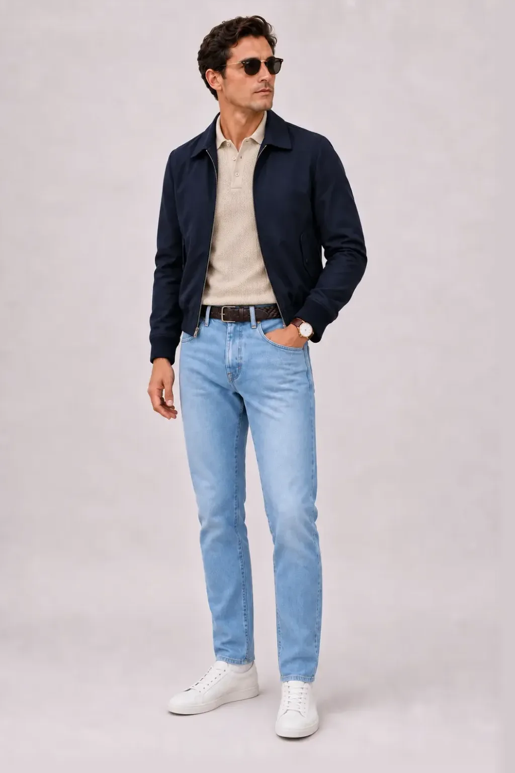 Harrington Blouson Navy über Strickpolo, dazu Jeans Hellblau und Penny Loafer Wildleder — Sneaker Weiss