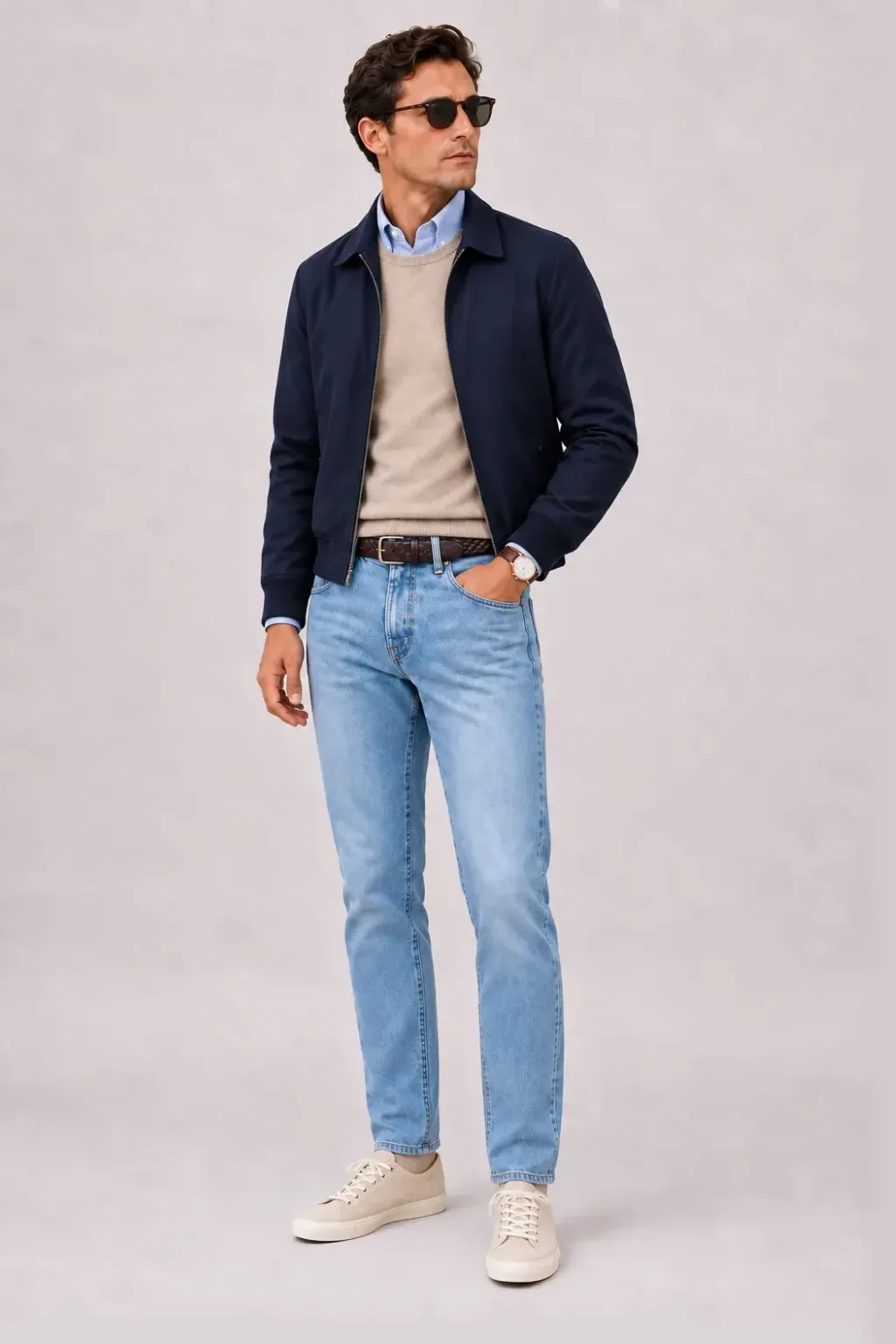 Harrington Blouson Navy über Crewneck-Pullover Feinstrick Beige und Button-Down-Hemd Hellblau, dazu Jeans Hellblau und Canvas Sneaker
