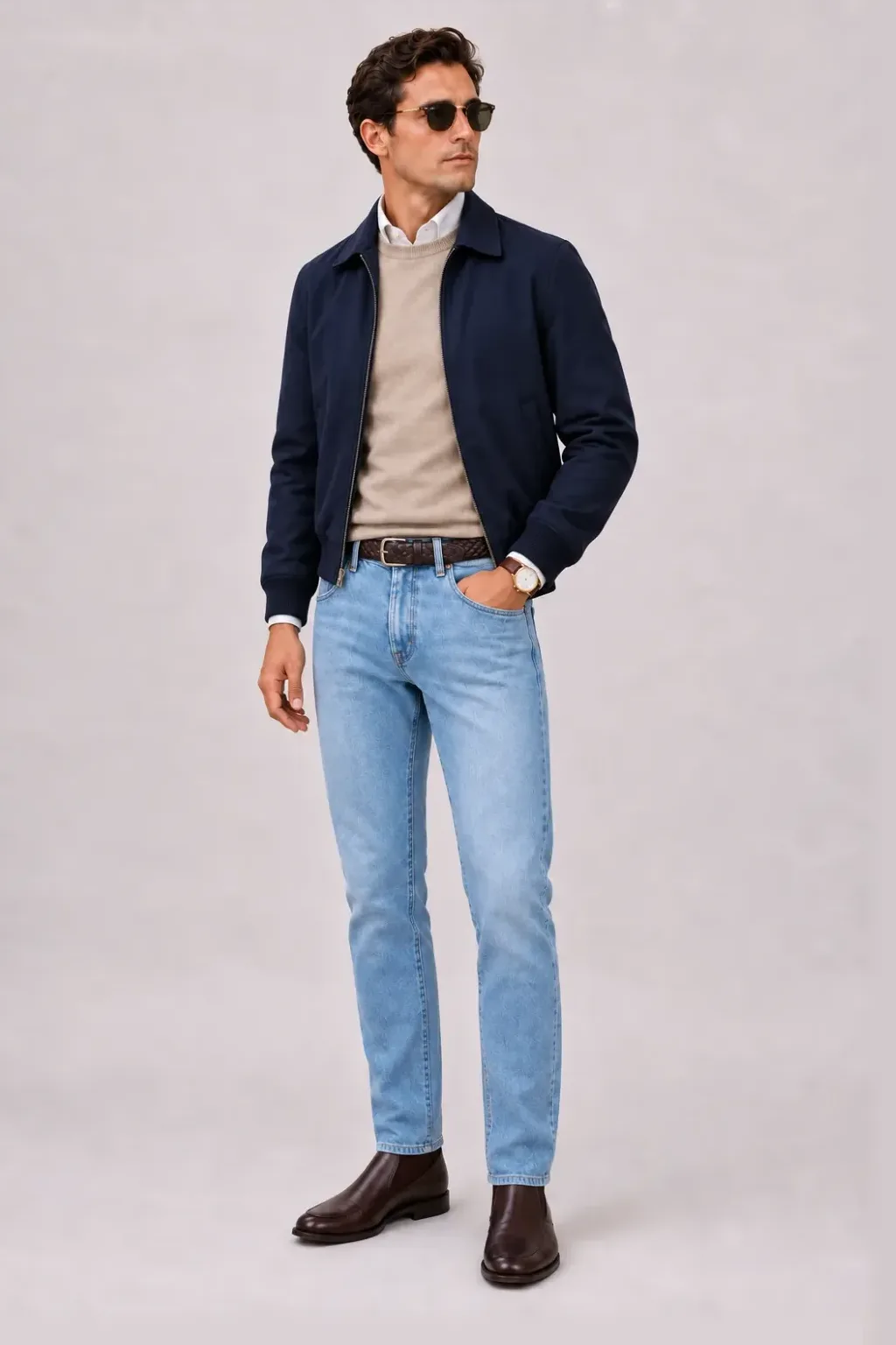 Harrington Blouson Navy über Crewneck-Pullover Feinstrick Beige und Button-Down-Hemd Hellblau, dazu Jeans Hellblau und Canvas Sneaker — Button-Down-Hemd Weiss