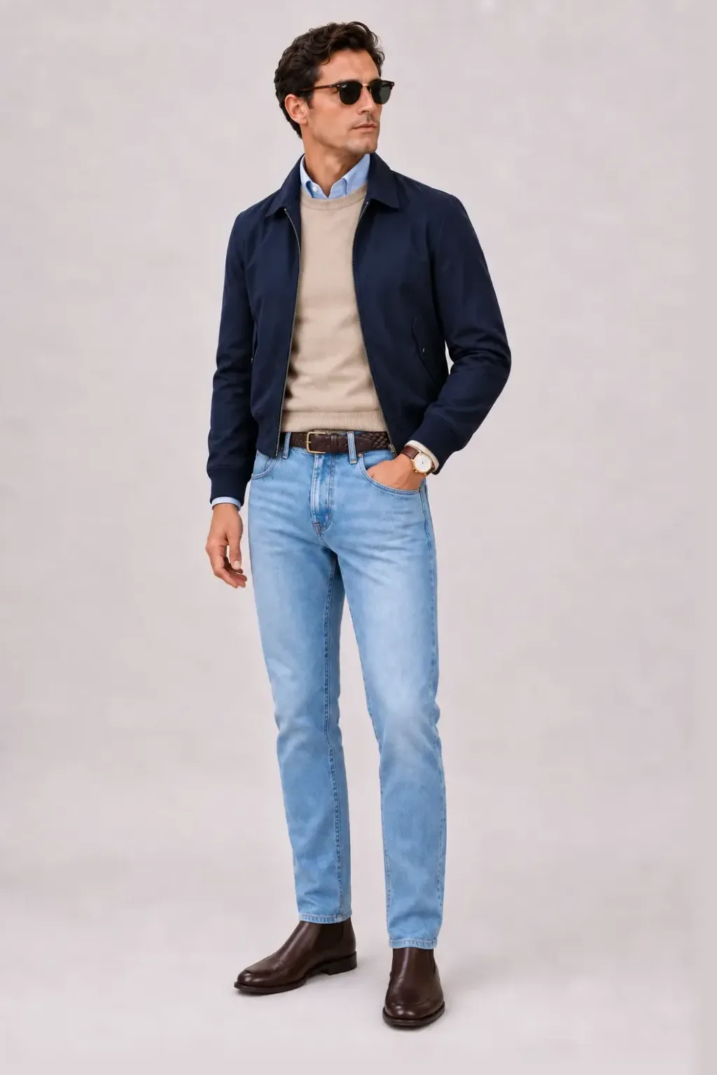 Harrington Blouson Navy über Crewneck-Pullover Feinstrick Beige und Button-Down-Hemd Hellblau, dazu Jeans Hellblau und Canvas Sneaker