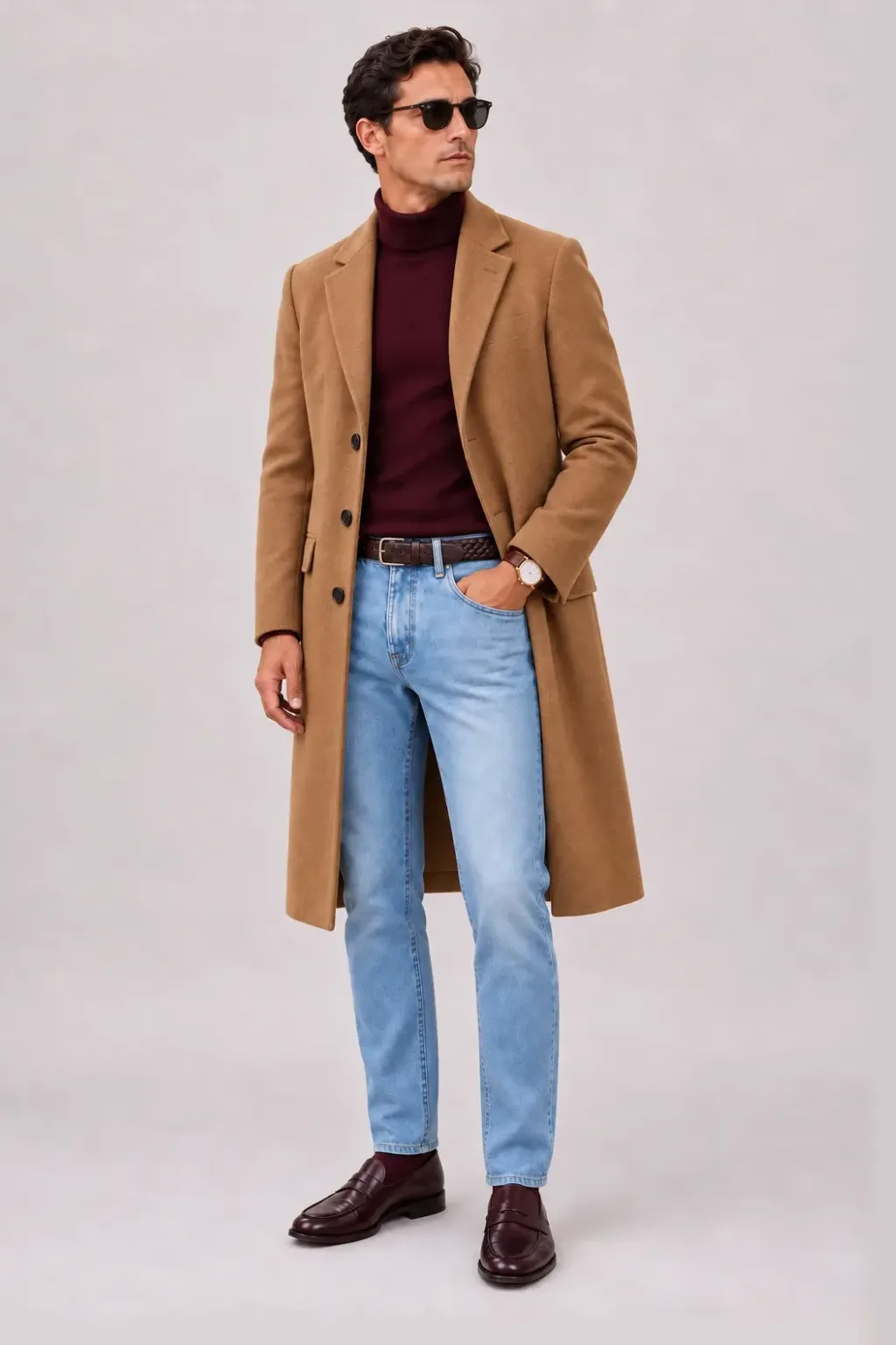 Langer Mantel Camel über Rollkragenpullover, dazu Jeans Hellblau und Penny Loafer