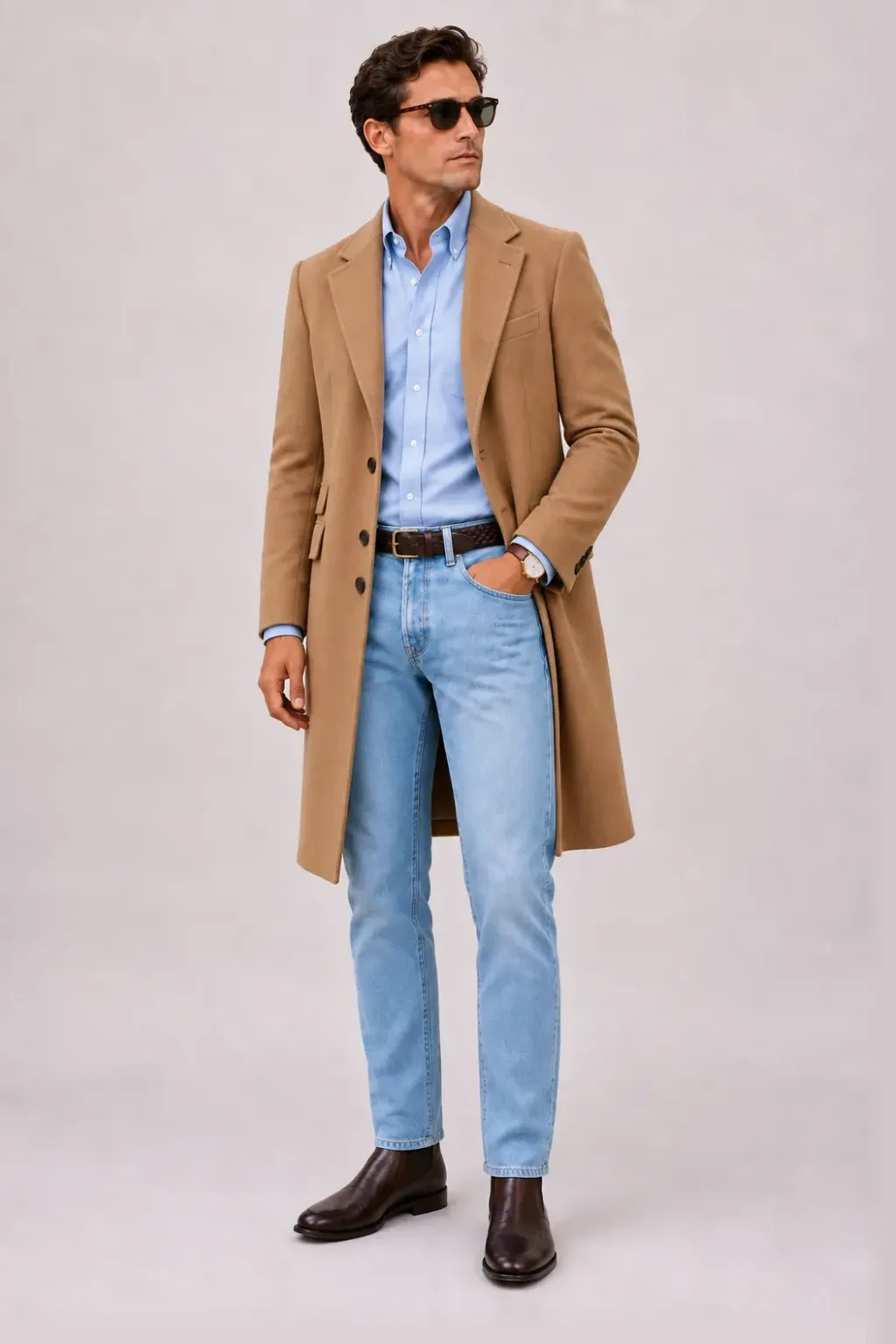 Langer Mantel Camel über Button-Down-Hemd Hellblau, dazu Jeans Hellblau und Chelsea Boot