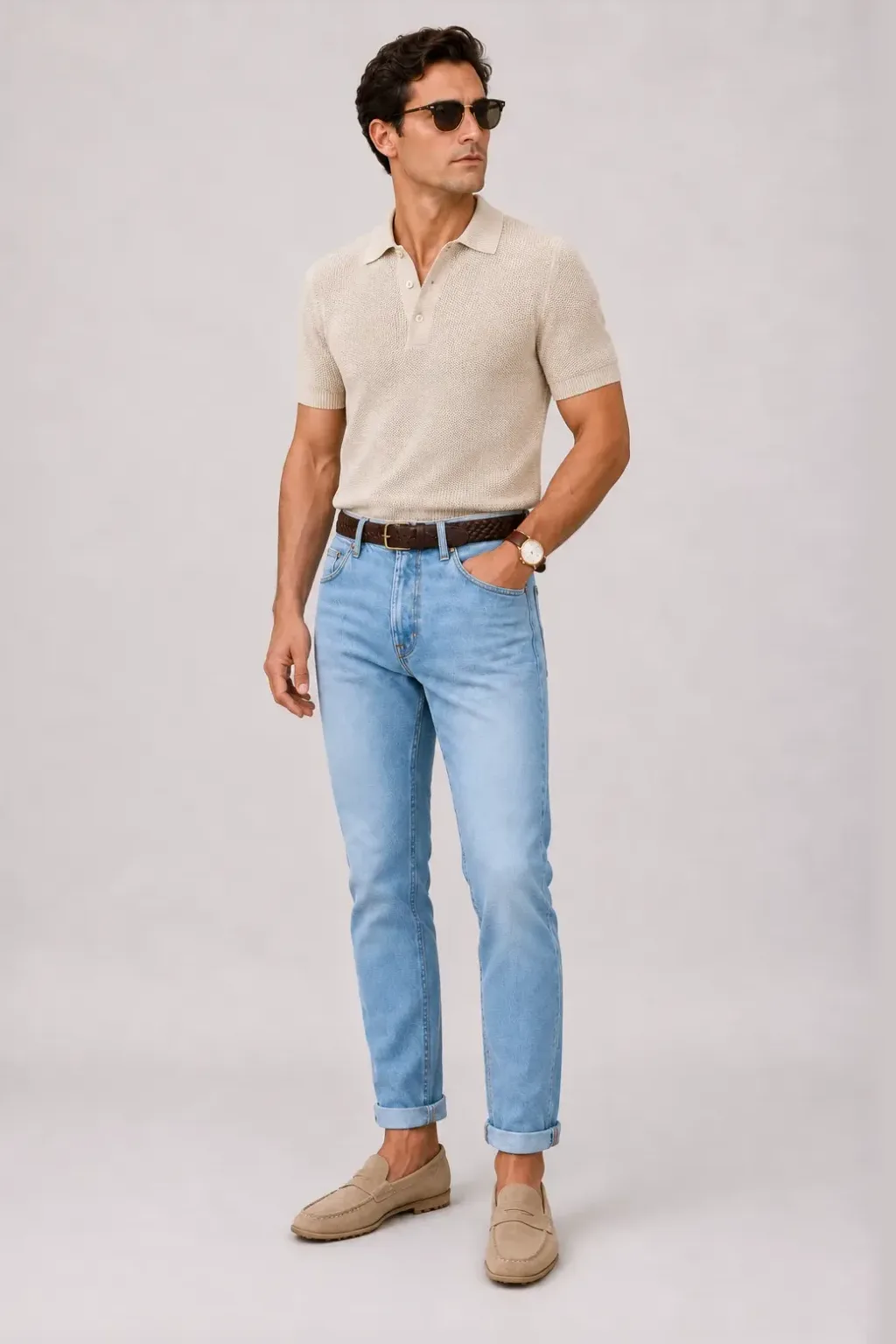 Strickpolo Beige, dazu Jeans Hellblau und Mokassin
