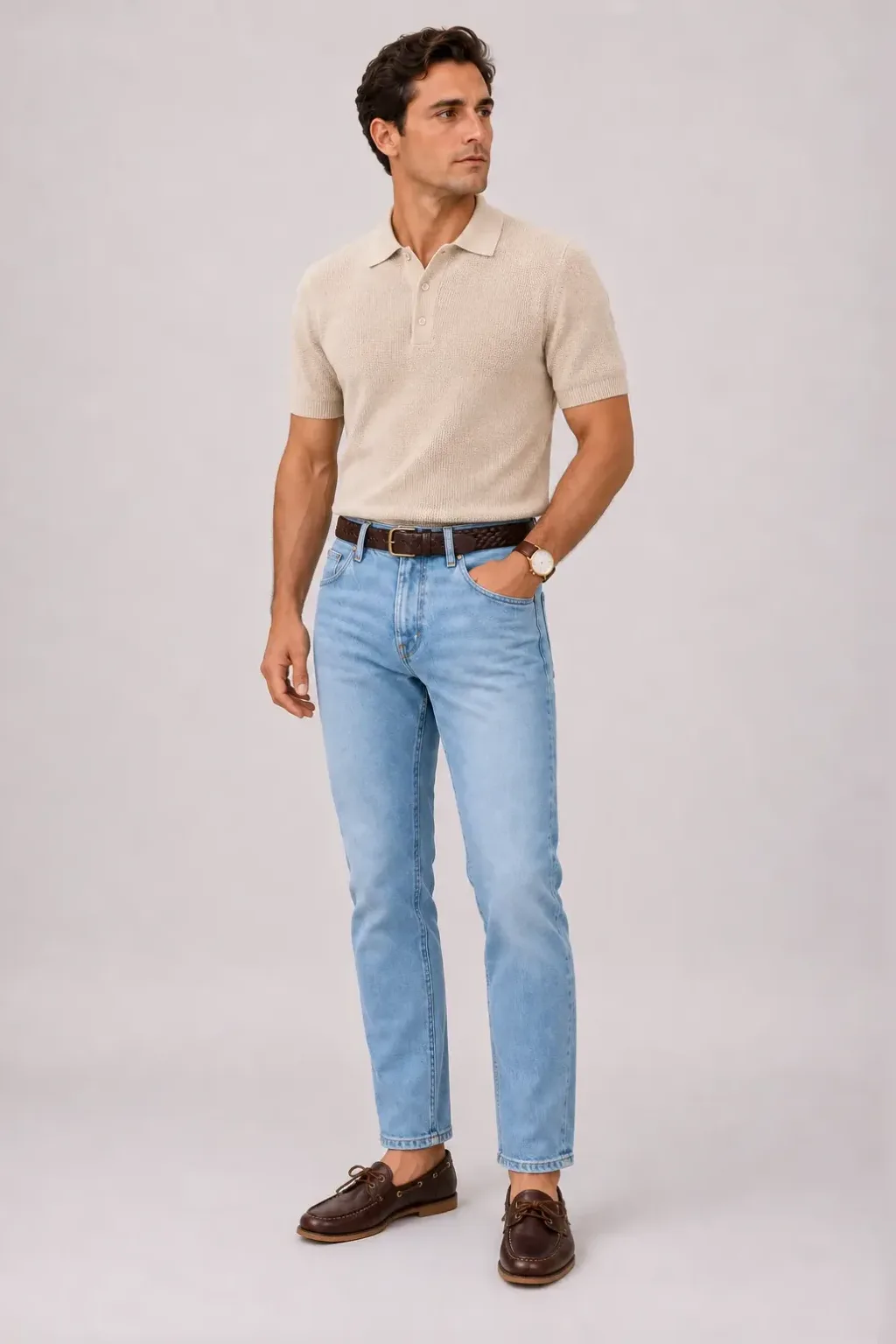 Strickpolo Beige, dazu Jeans Hellblau und Mokassin — Bootsschuh Dunkelbraun