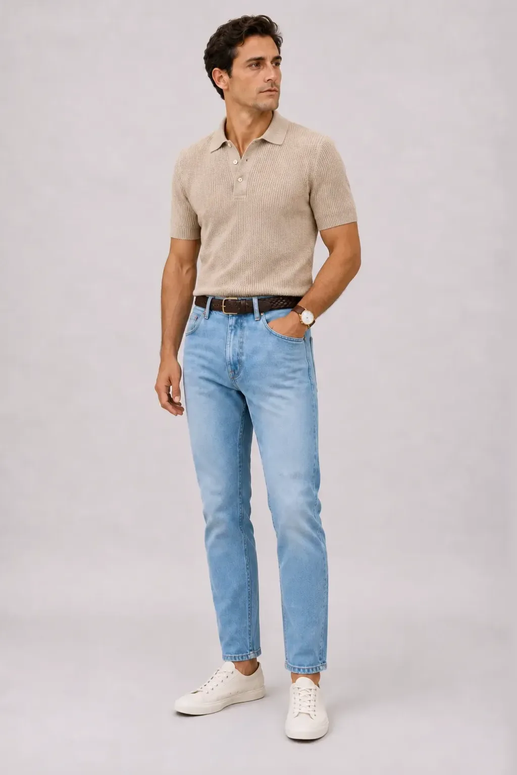 Strickpolo Beige, dazu Jeans Hellblau und Mokassin