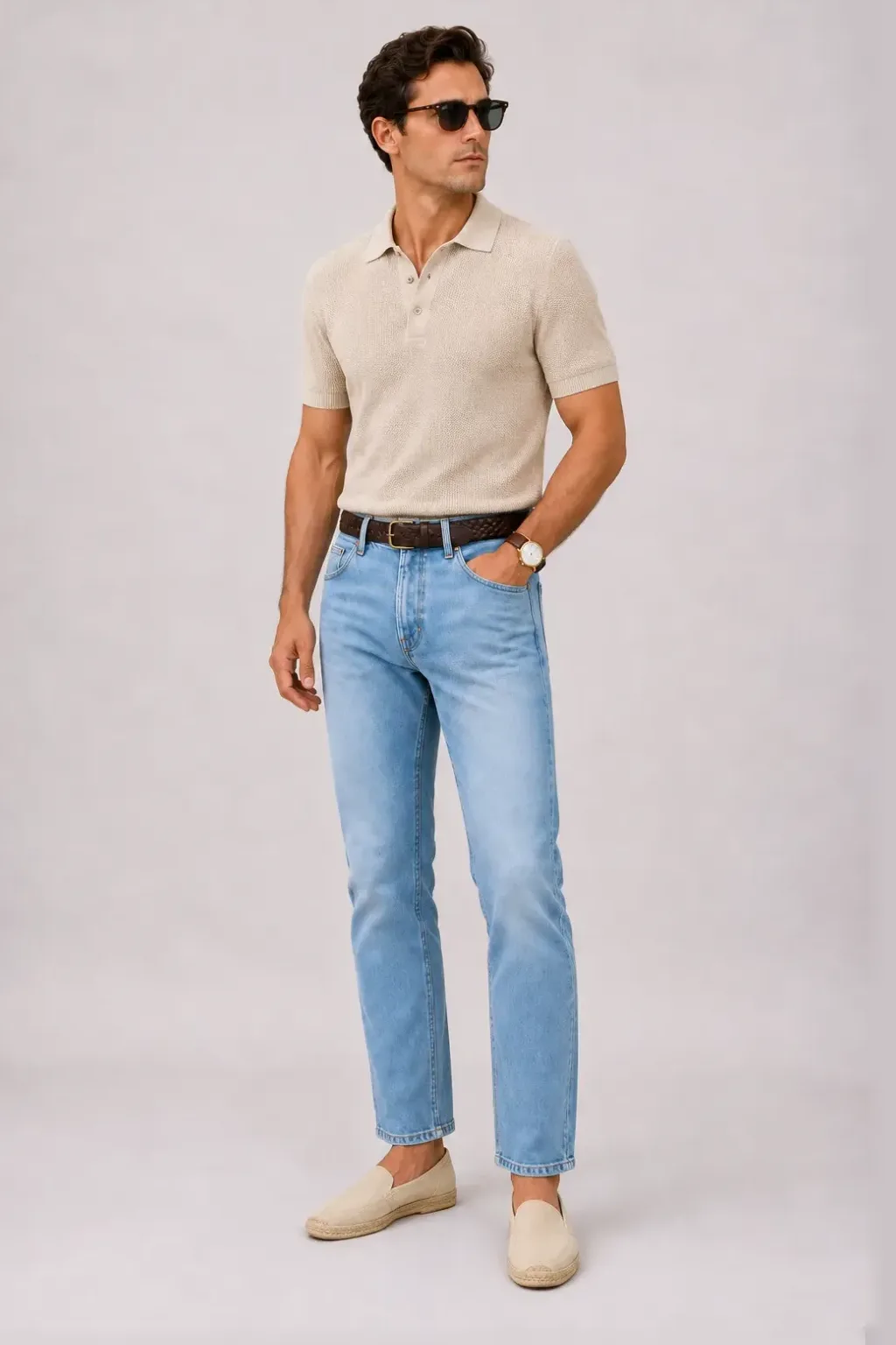 Strickpolo Beige, dazu Jeans Hellblau und Mokassin — Espadrille Beige