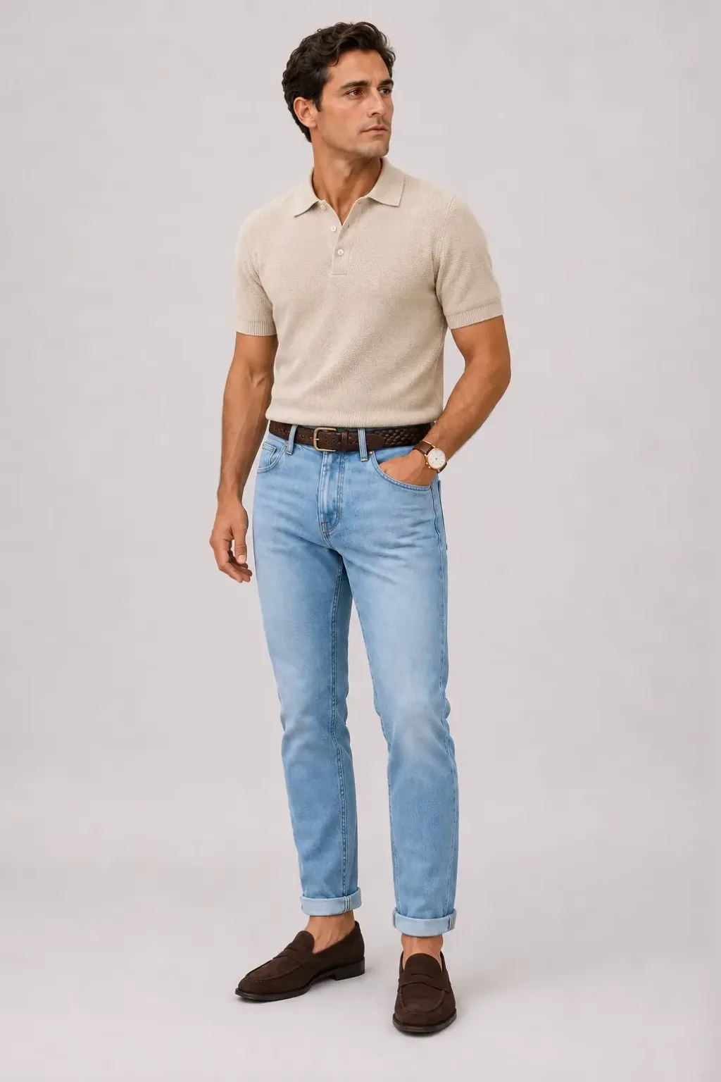 Strickpolo Beige, dazu Jeans Hellblau und Mokassin — Penny Loafer Wildleder Dunkelbraun