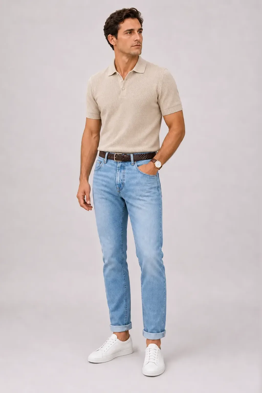 Strickpolo Beige, dazu Jeans Hellblau und Mokassin