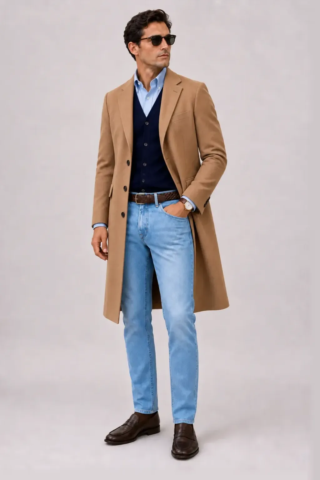 Langer Mantel Camel über Cardigan, dazu Jeans Hellblau und Penny Loafer