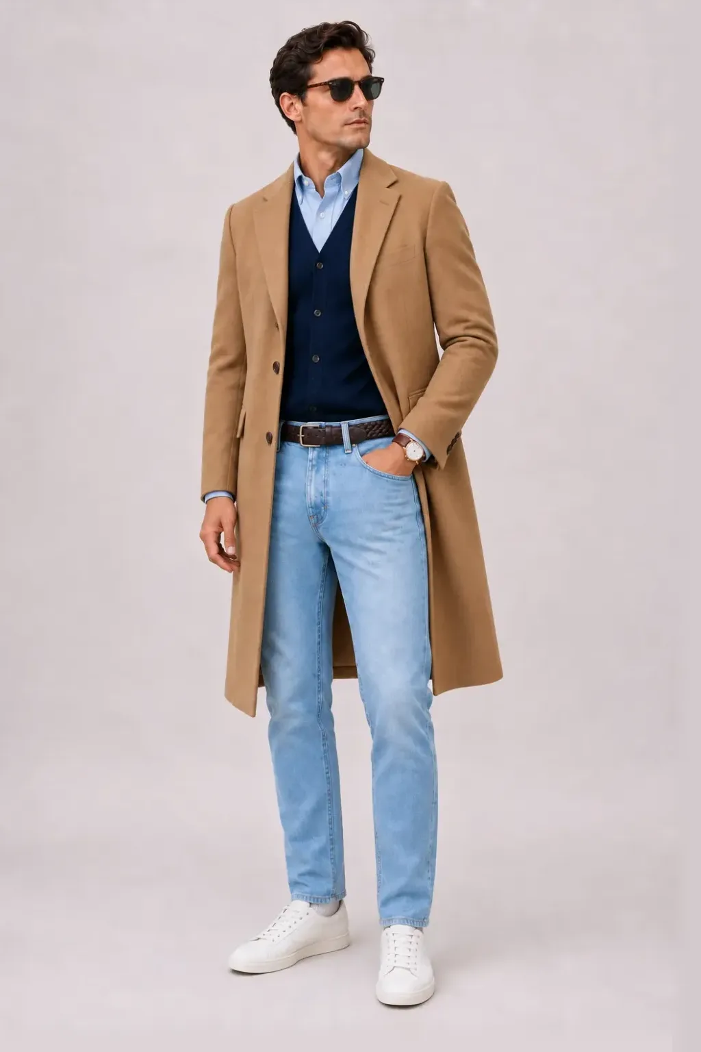 Langer Mantel Camel über Cardigan, dazu Jeans Hellblau und Penny Loafer