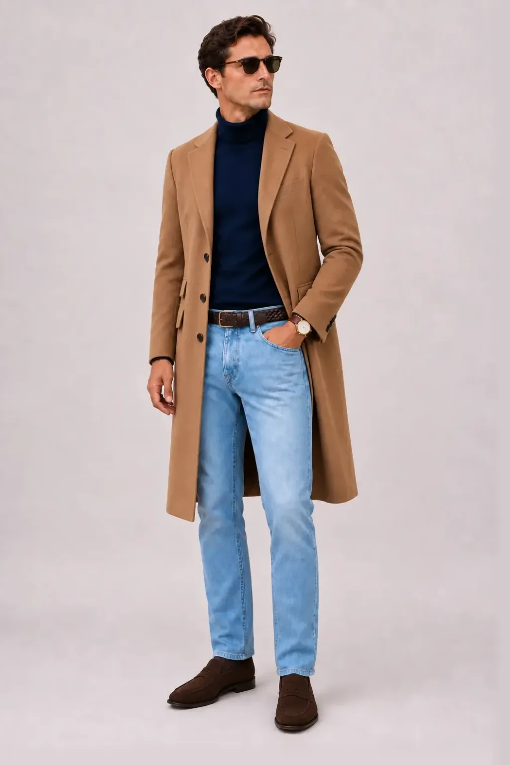 Langer Mantel Camel über Rollkragenpullover, dazu Jeans Hellblau und Penny Loafer Wildleder