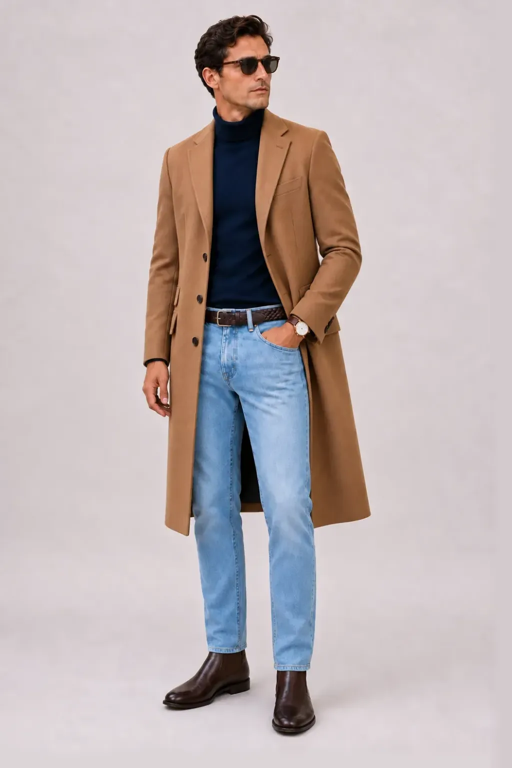 Langer Mantel Camel über Rollkragenpullover, dazu Jeans Hellblau und Penny Loafer Wildleder