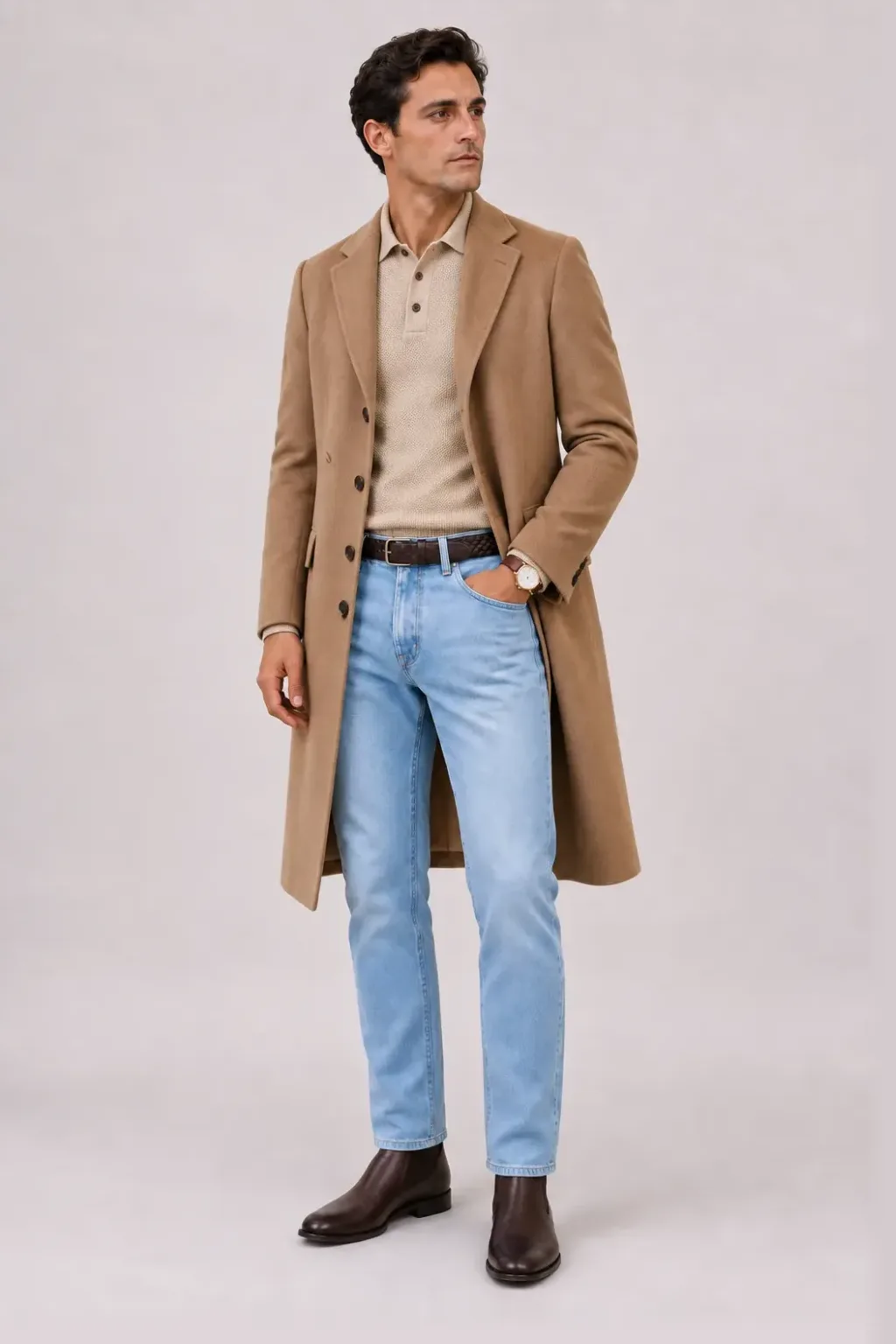 Langer Mantel Camel über T-Shirt, dazu Jeans Hellblau und Chelsea Boot — Strickpolo Beige