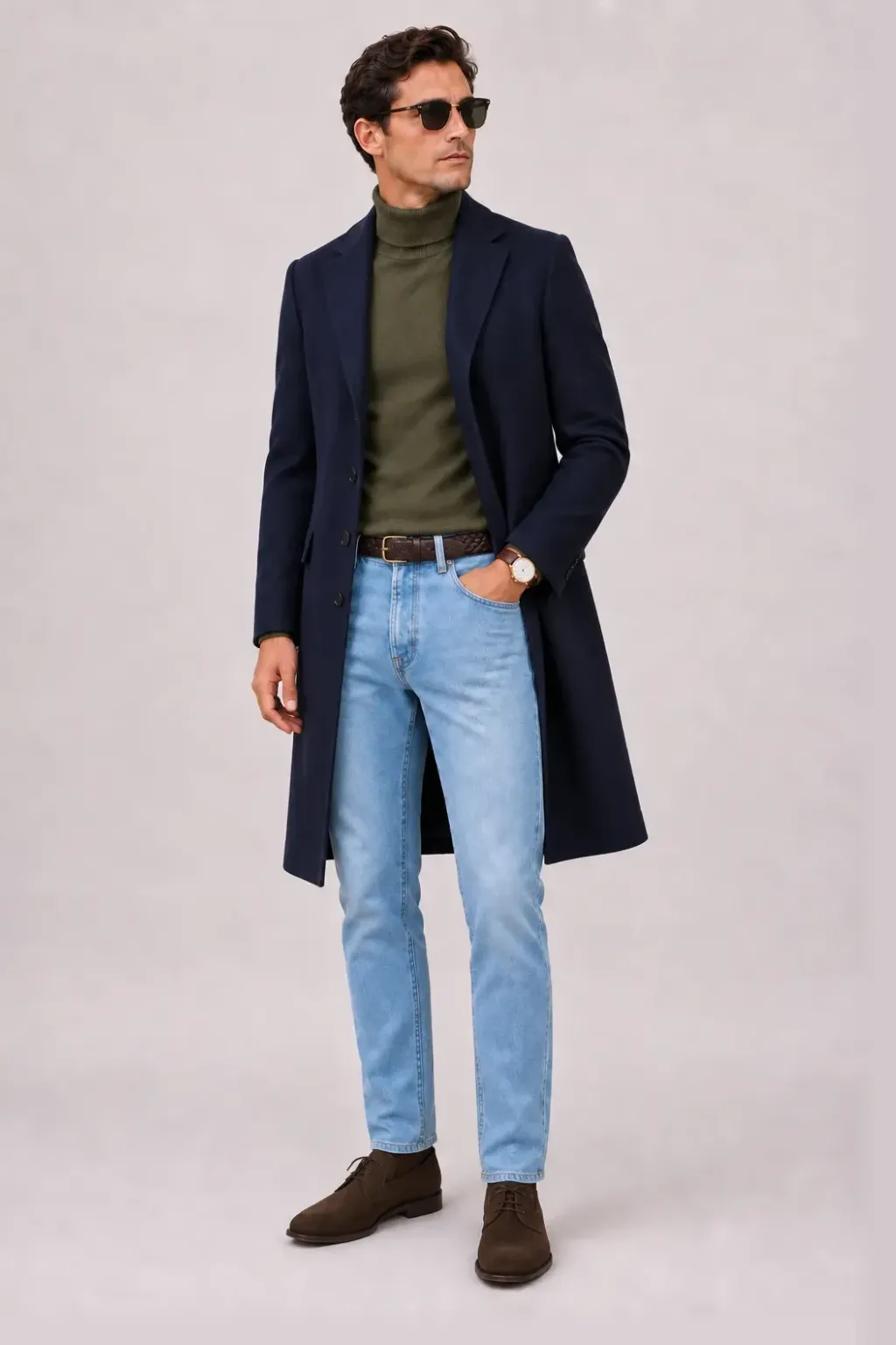 Langer Mantel Navy über Rollkragenpullover, dazu Jeans Hellblau und Chukka Boot