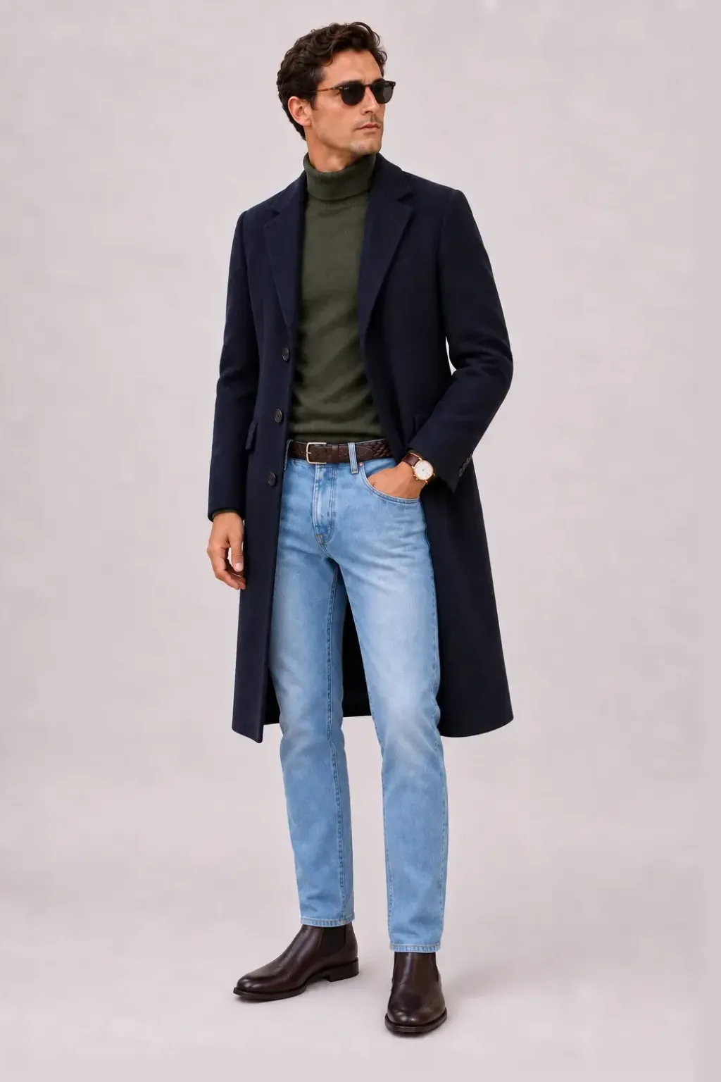 Langer Mantel Navy über Rollkragenpullover, dazu Jeans Hellblau und Chukka Boot