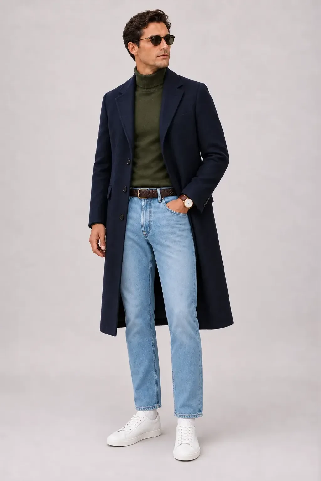 Langer Mantel Navy über Rollkragenpullover, dazu Jeans Hellblau und Chukka Boot — Sneaker Weiss