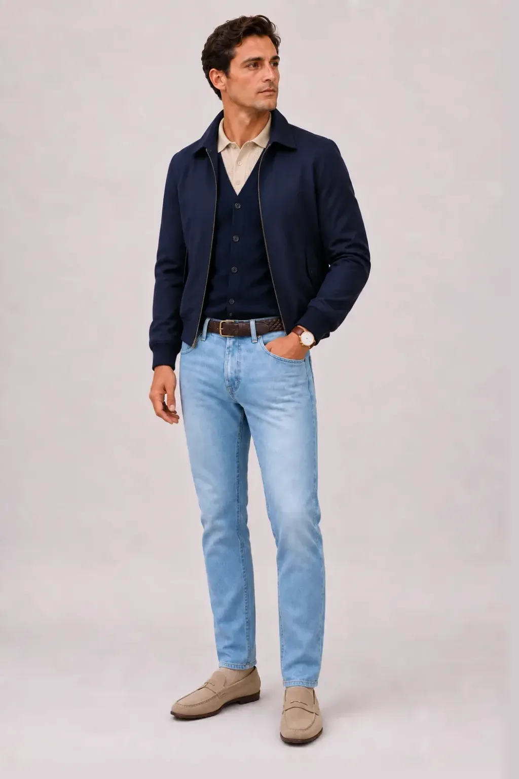 Harrington Blouson Navy über Cardigan, dazu Jeans Hellblau und Mokassin