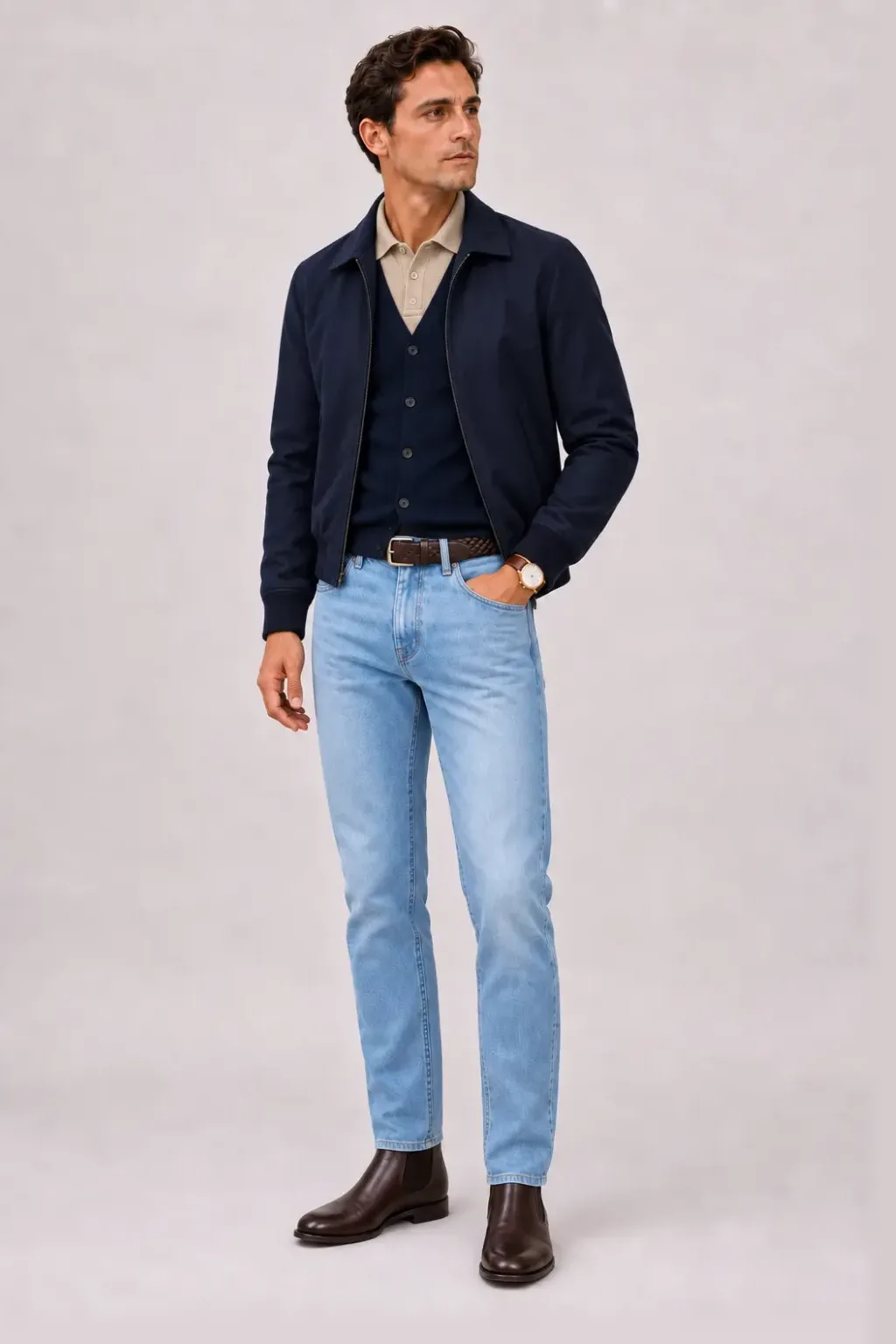 Harrington Blouson Navy über Cardigan, dazu Jeans Hellblau und Mokassin — Chelsea Boot Dunkelbraun