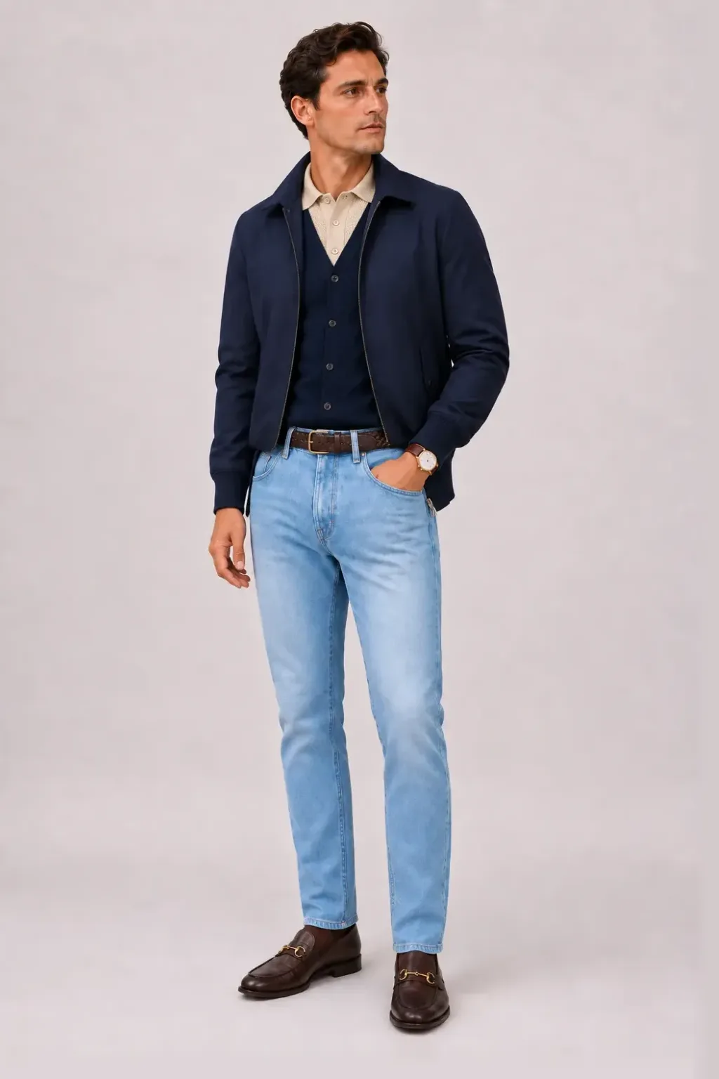 Harrington Blouson Navy über Cardigan, dazu Jeans Hellblau und Mokassin — Horsebit Loafer Dunkelbraun