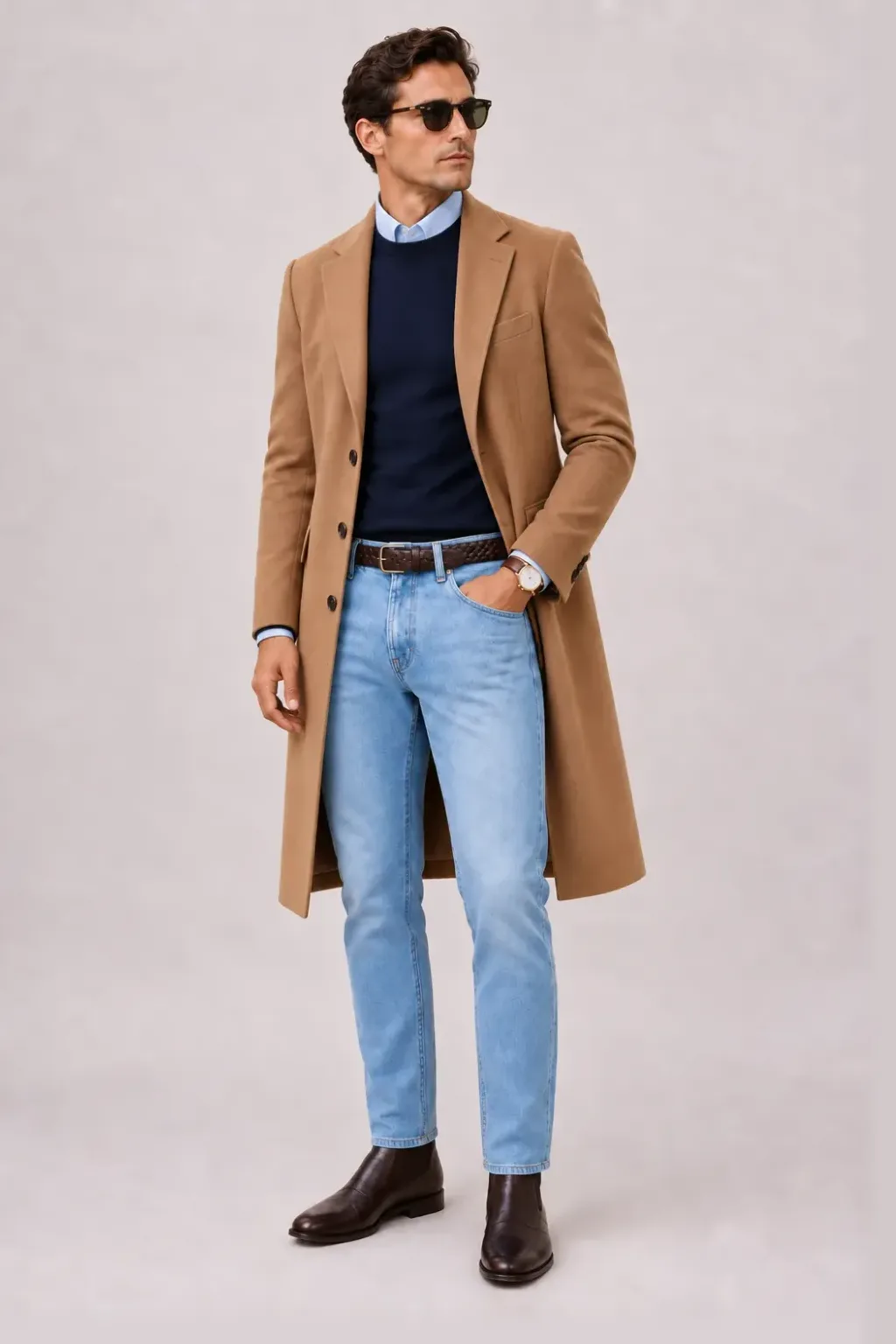 Langer Mantel Camel über Crewneck-Pullover Feinstrick, dazu Jeans Hellblau und Chelsea Boot