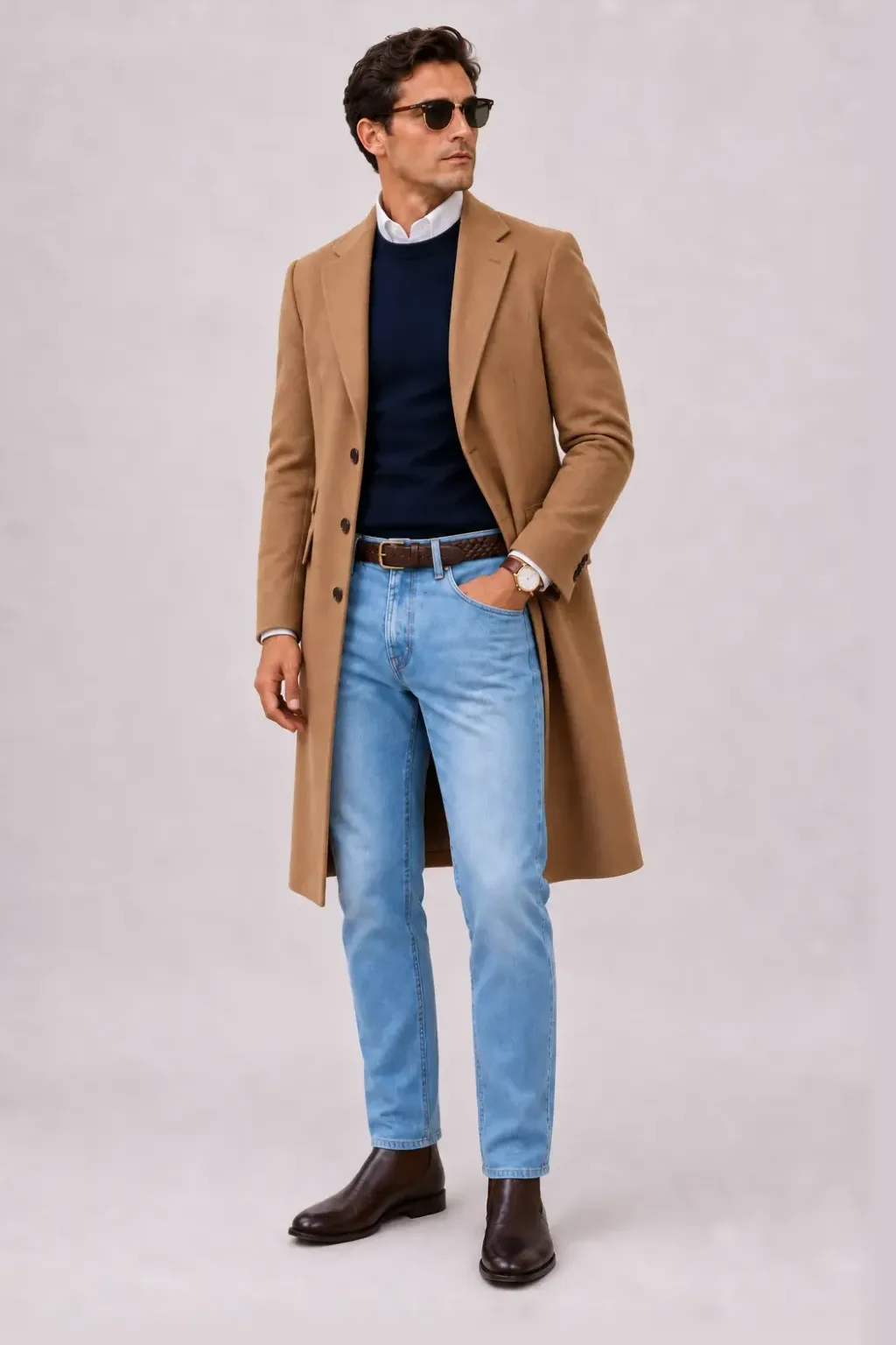 Langer Mantel Camel über Crewneck-Pullover Feinstrick, dazu Jeans Hellblau und Chelsea Boot — Button-Down-Hemd Weiss