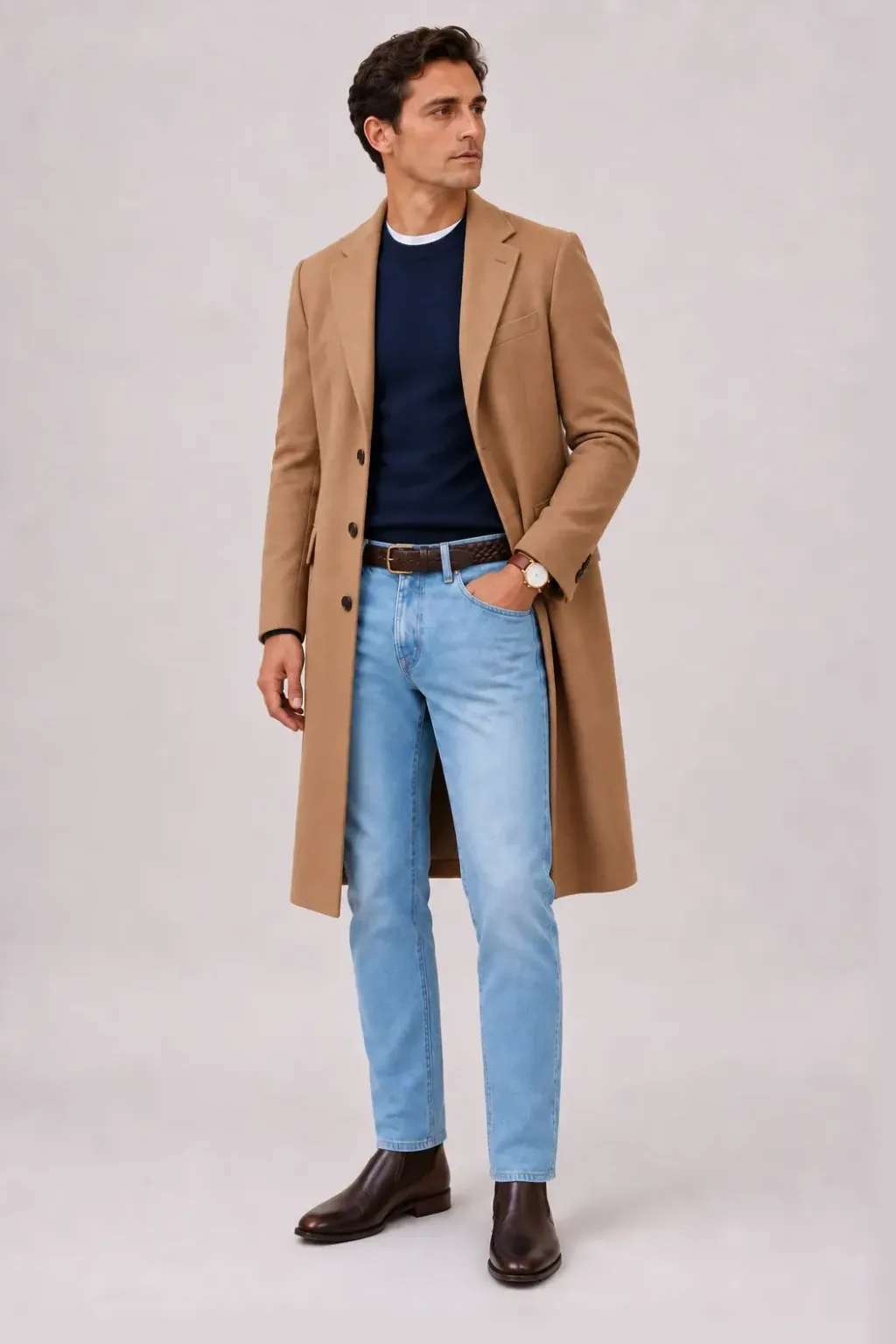 Langer Mantel Camel über Crewneck-Pullover Feinstrick, dazu Jeans Hellblau und Chelsea Boot — T-Shirt Weiss