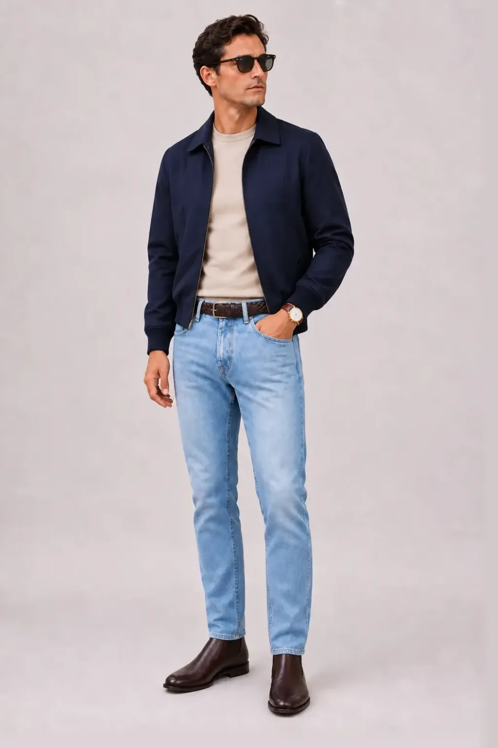 Harrington Blouson Navy über Crewneck-Pullover Feinstrick Beige, dazu Jeans Hellblau und Chelsea Boot