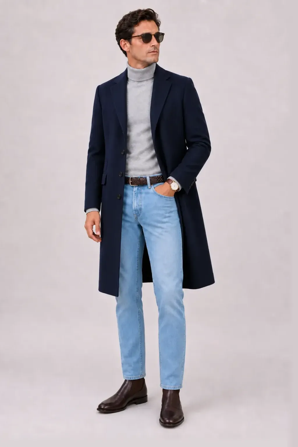 Langer Mantel Navy über Strickpolo Beige, dazu Jeans Hellblau und Chelsea Boot — Rollkragenpullover Hellgrau
