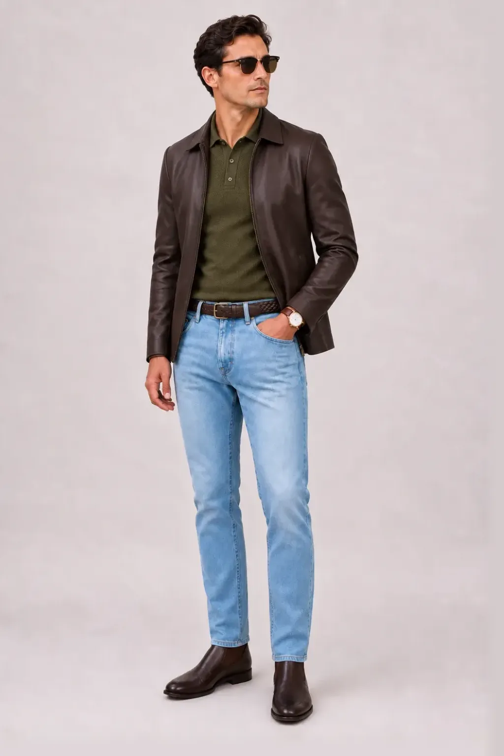 Lederjacke Dunkelbraun über Strickpolo Oliv, dazu Jeans Hellblau und Chelsea Boot