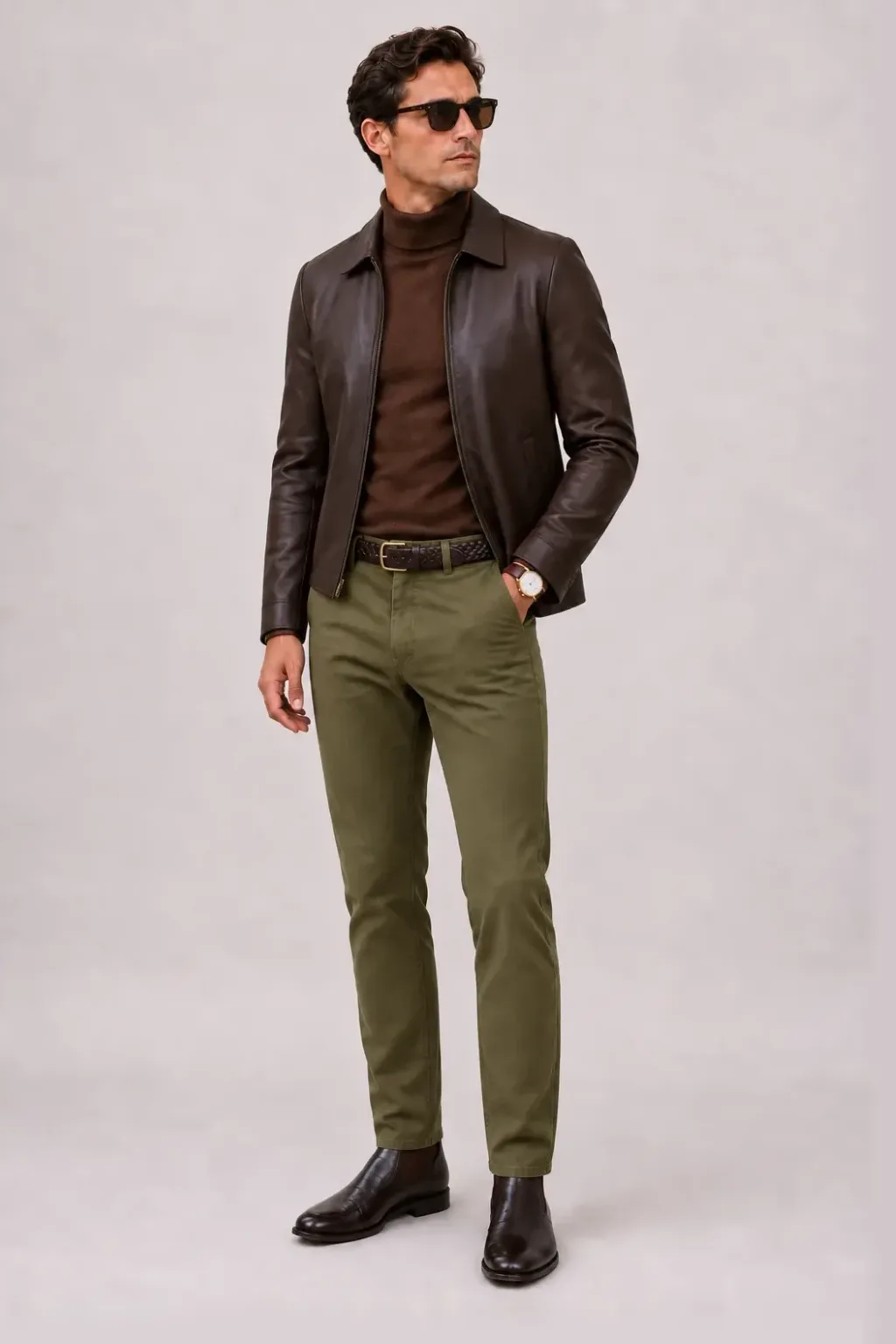 Lederjacke Dunkelbraun über Rollkragenpullover Walnuss, dazu Chino Oliv und Chelsea Boot