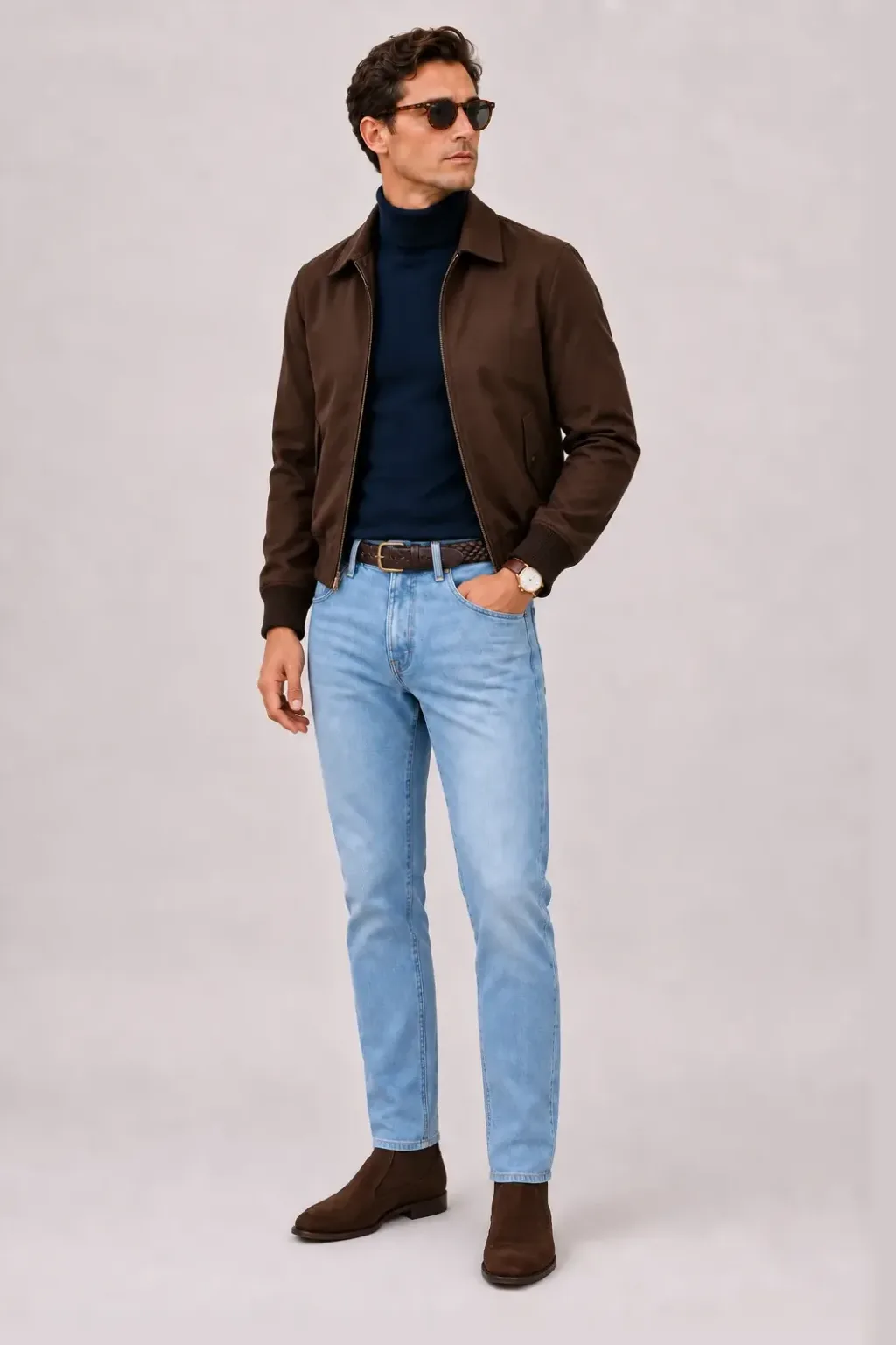 Harrington Blouson Schokobraun über Rollkragenpullover, dazu Jeans Hellblau und Chelsea Boot Wildleder