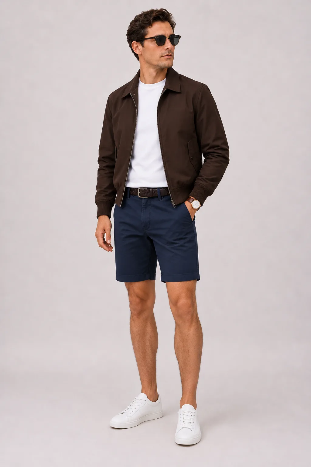 Harrington Blouson Dunkelbraun über T-Shirt, dazu Chino-Shorts Navy und Sneaker