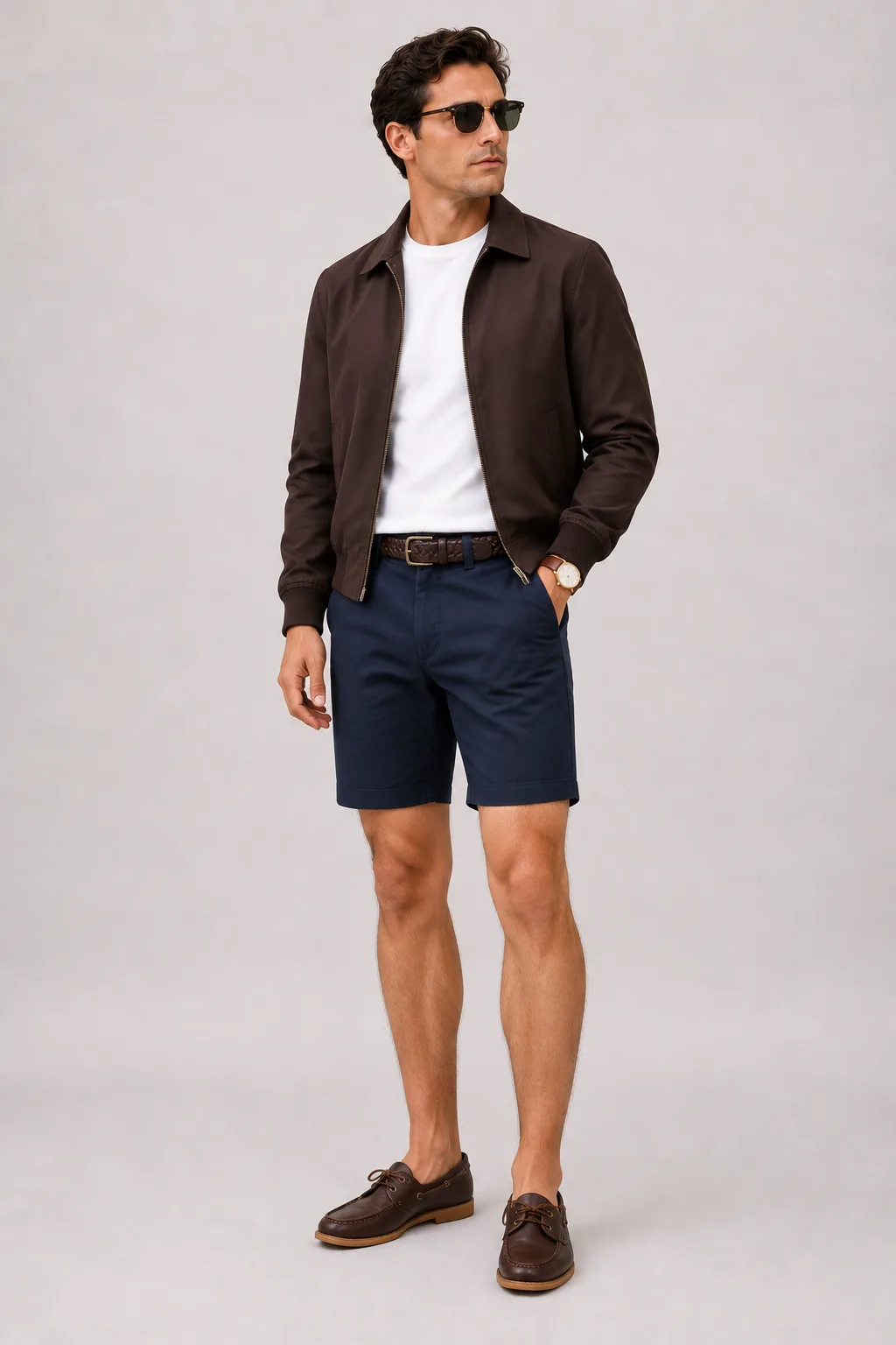 Harrington Blouson Dunkelbraun über T-Shirt, dazu Chino-Shorts Navy und Sneaker