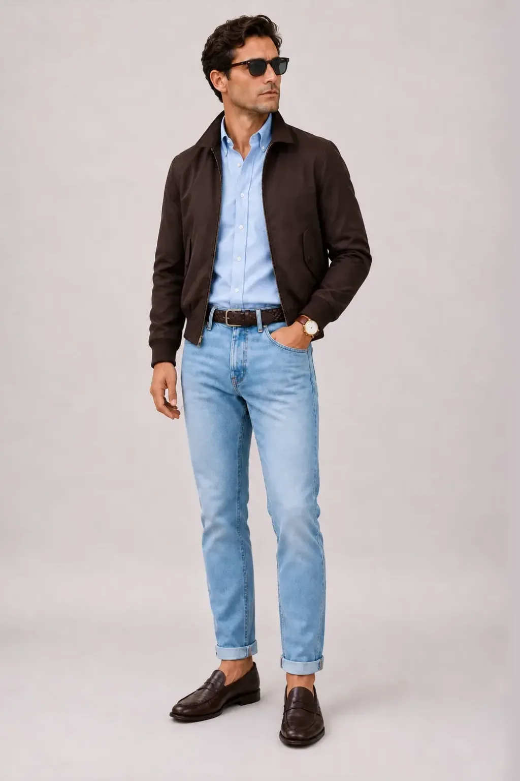Harrington Blouson Dunkelbraun über Button-Down-Hemd, dazu Jeans Hellblau und Penny Loafer
