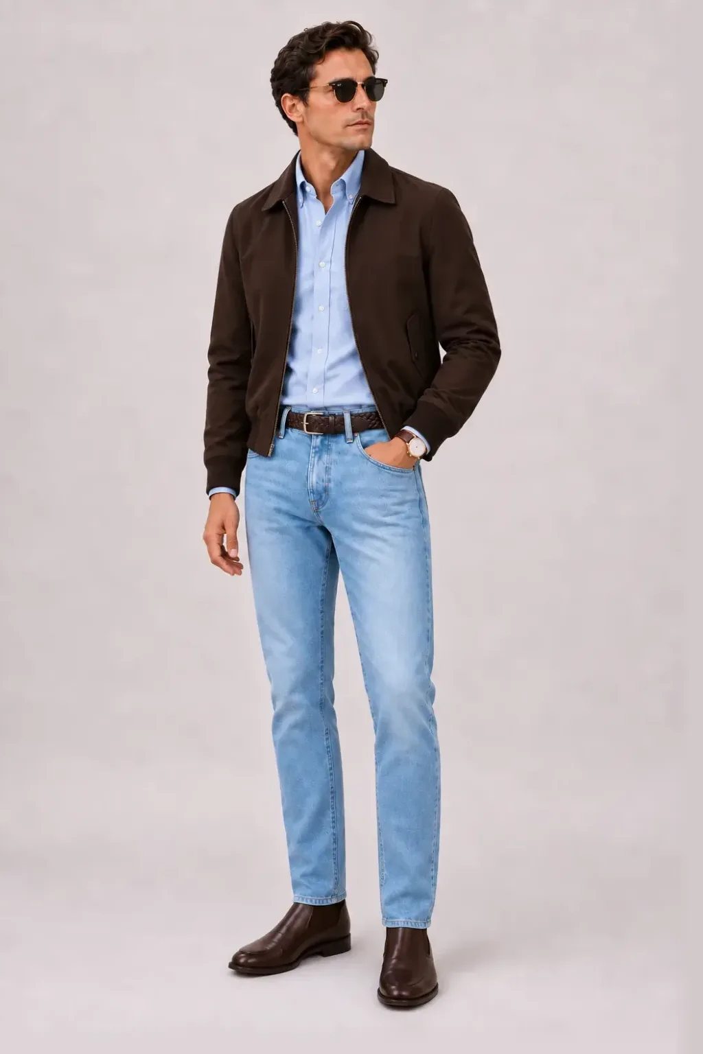 Harrington Blouson Dunkelbraun über Button-Down-Hemd, dazu Jeans Hellblau und Penny Loafer